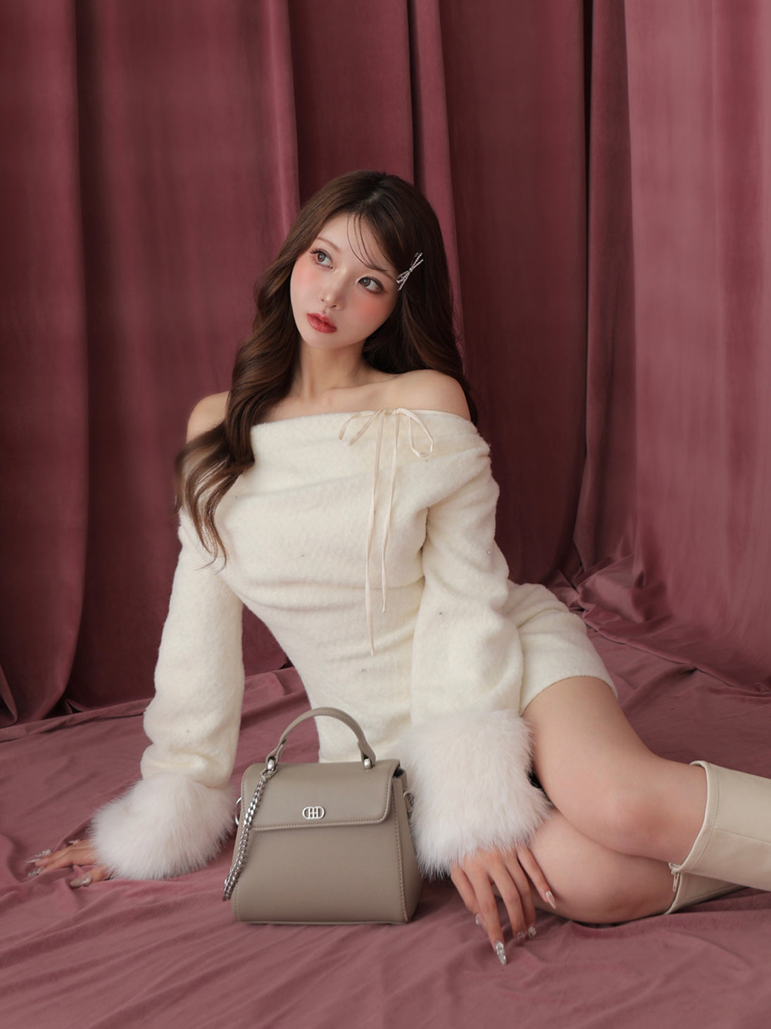 Fur jeweled ribbon mini onepiece(eme10762) – M me eme