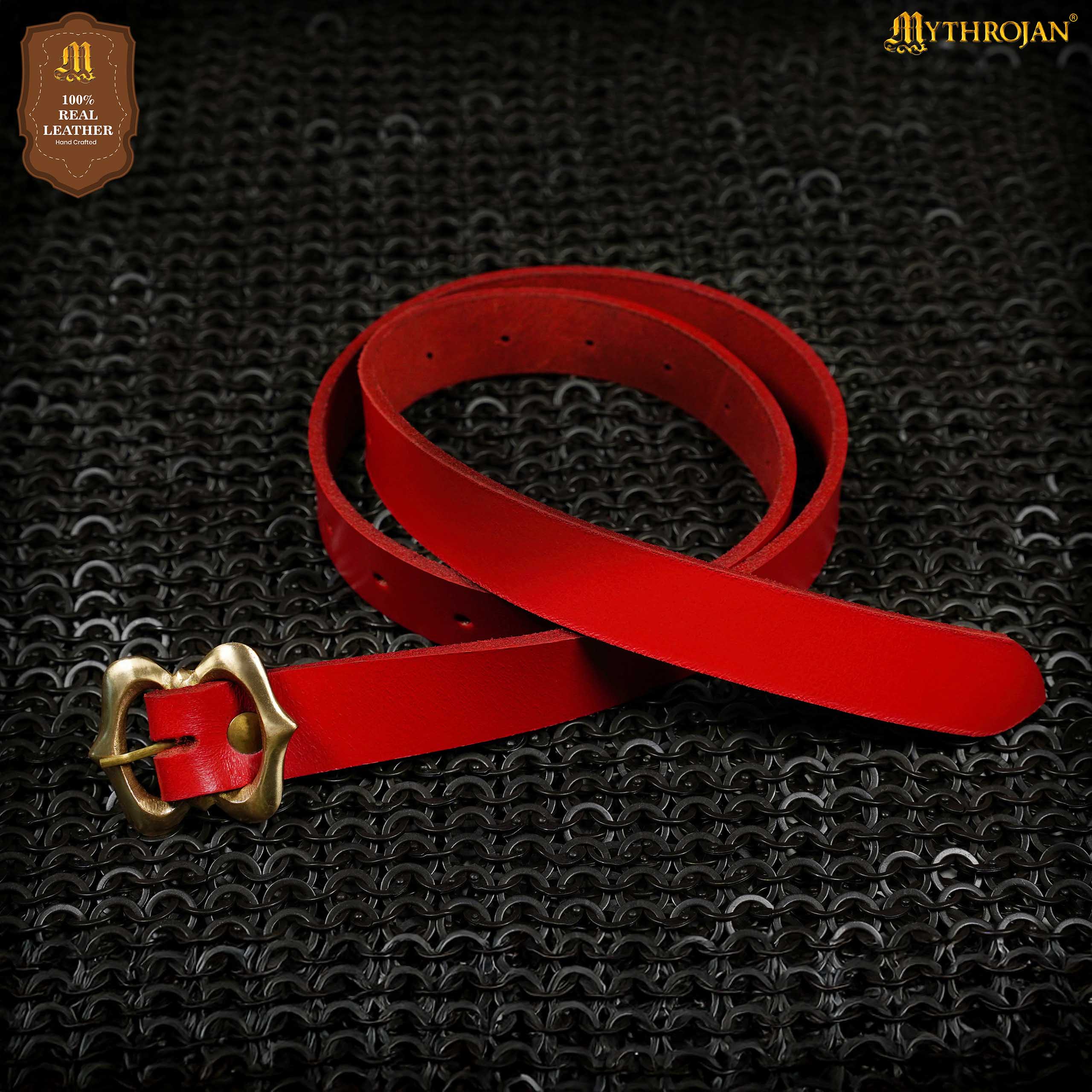 Mythrojan Medieval Leather Belt with Solid Brass Buckle - Red