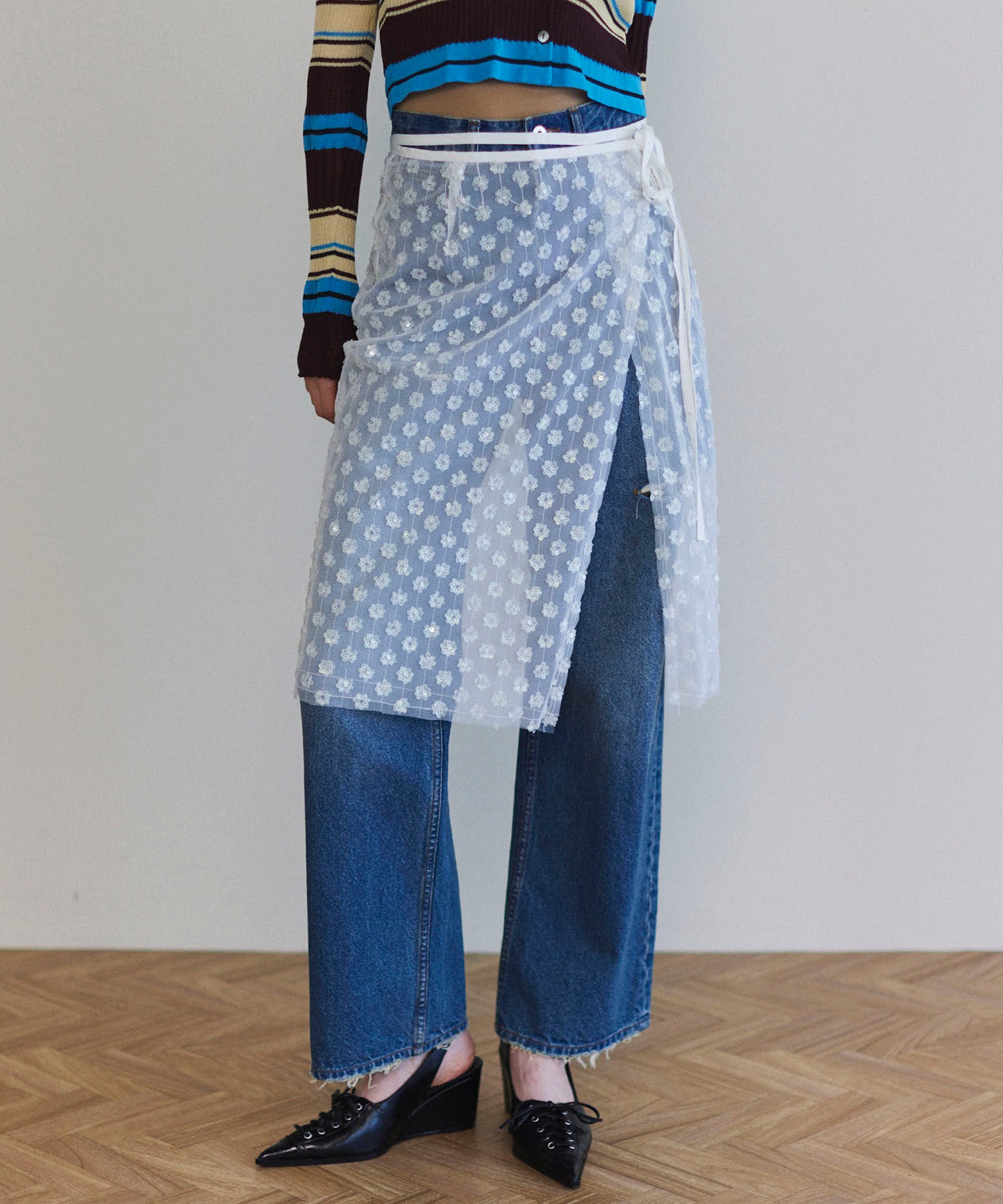 SALE】Multi Fabric Glitter Flower Wrap Skirt