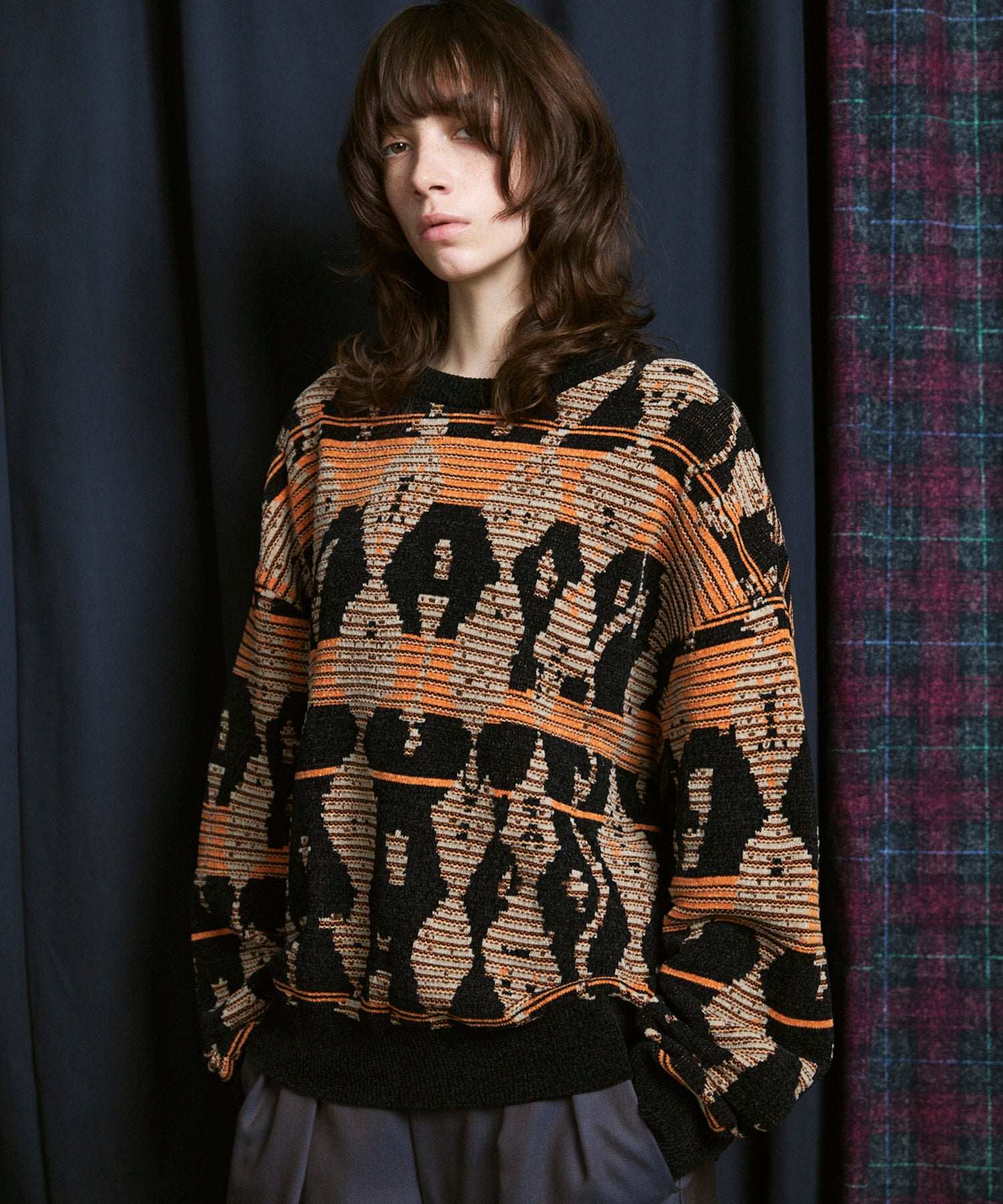 Rug Pattern Mall Yarn Jacquard Prime-Over Crew Neck Knit Pullover