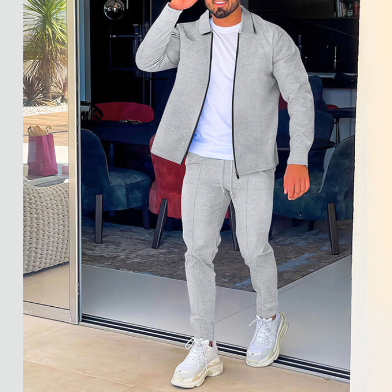 30代メンズ必見】ワッフル調セットアップ 長袖ジップブルゾン×ジョガー