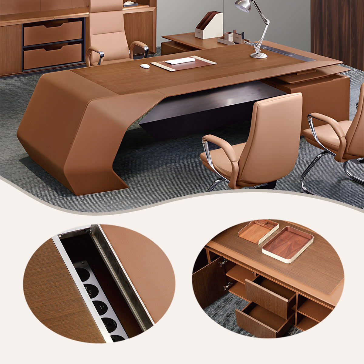 エグゼクティブデスク,社長デスク,L型デスク,曲線デザイン,配線穴,大