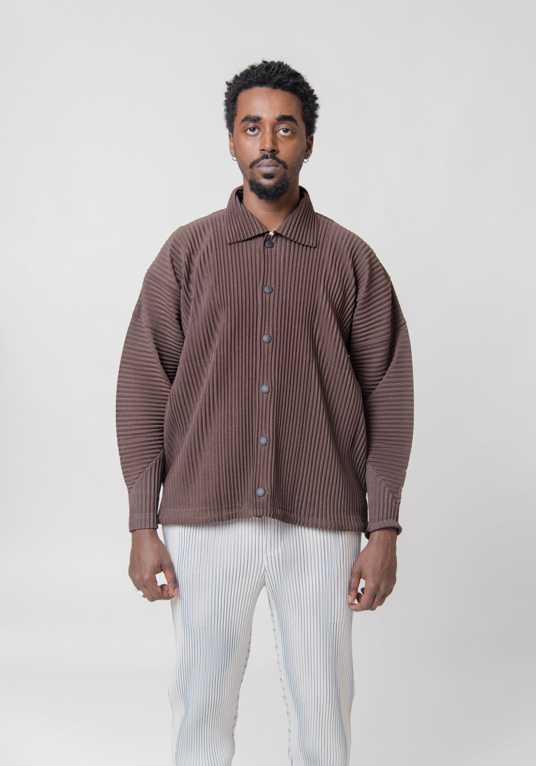 Homme Plisse Issey Miyake Snap Button Pleated Shirt Brown JC170-44