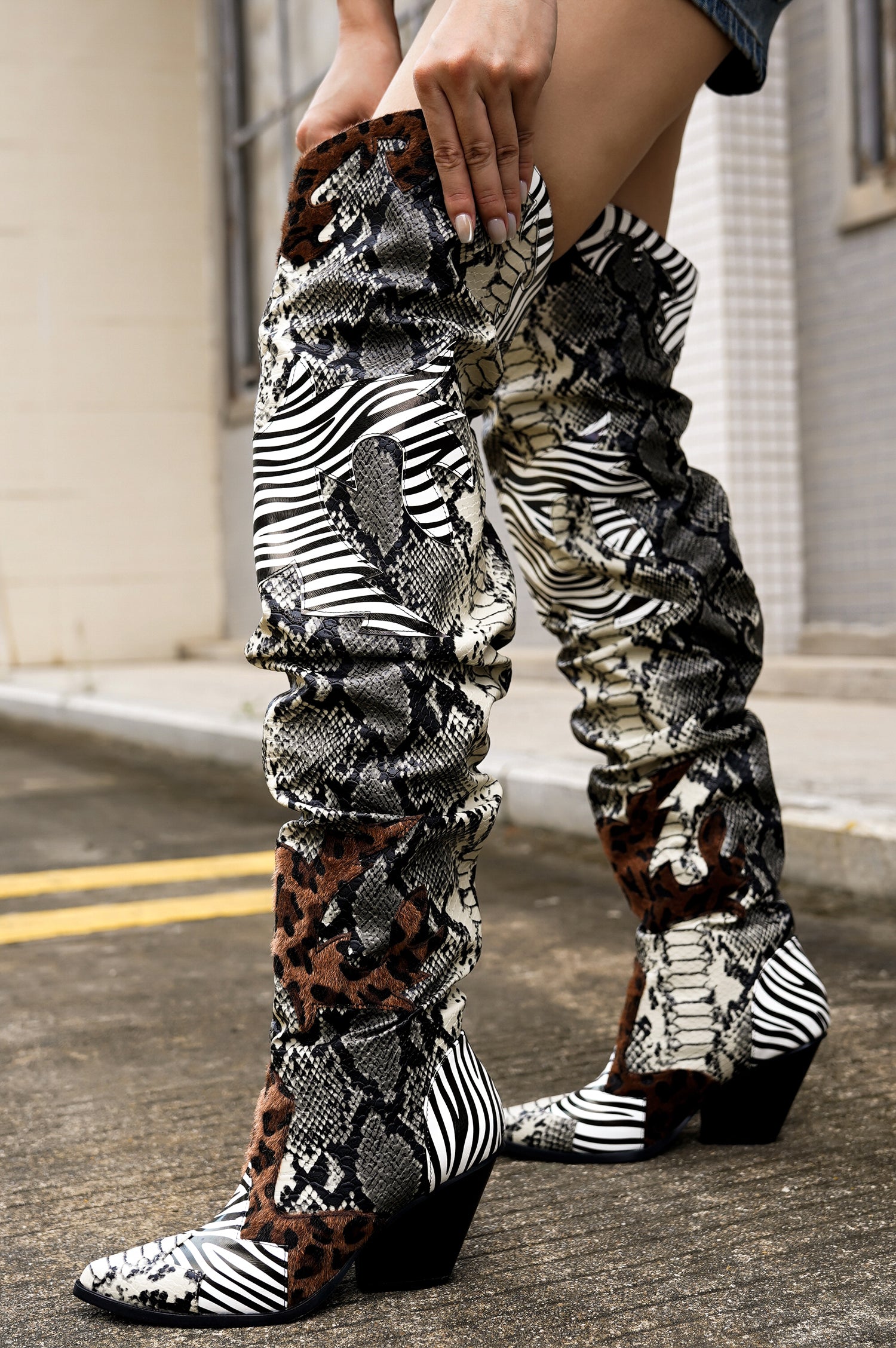 Hilda Faux Snakeskin Thigh High Cowboy Boots - Animal – Cape Robbin