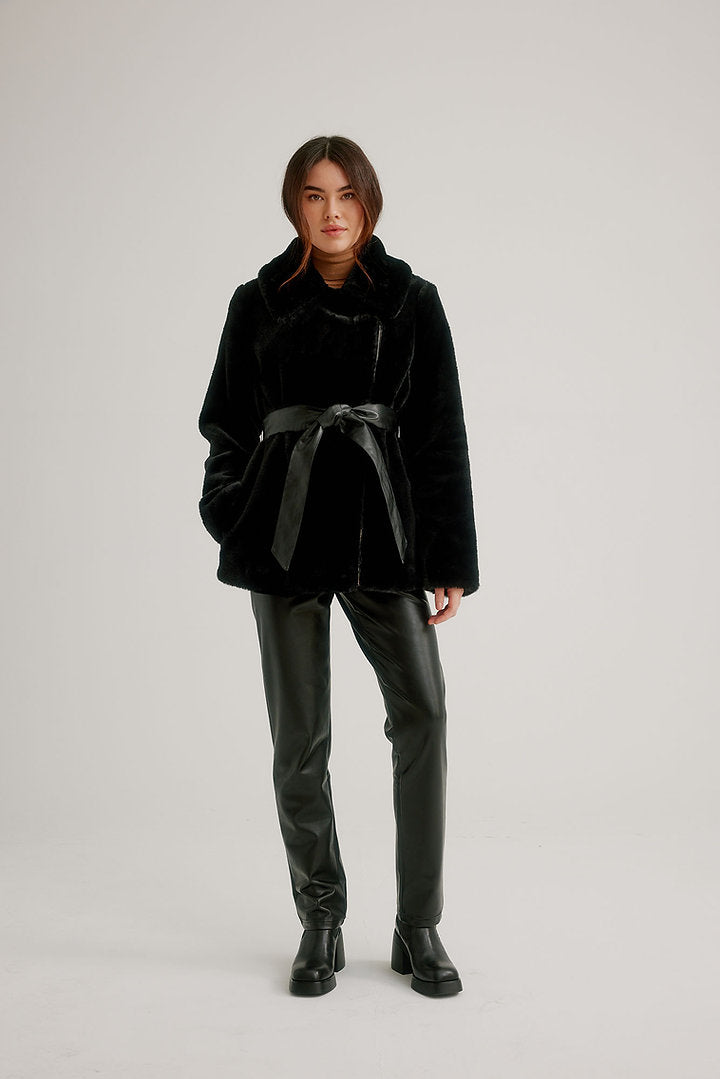 Zip Asymmetric Faux Fur Jacket with Vegan Leather Belt K5508RO-825
