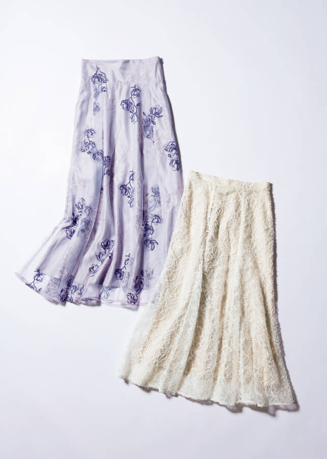 刺繍デザインで大人の甘さに！オフィスで着やすい花柄スカート2選