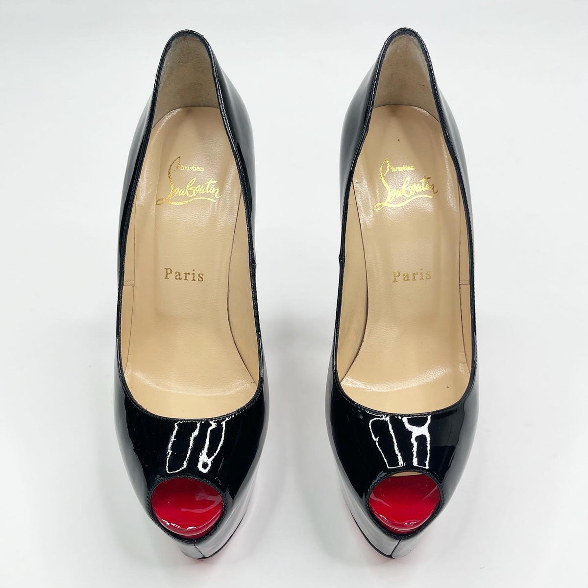 CHRISTIAN LOUBOUTIN BLK PATENT HIGHNESS PEEP TOE PLATFORM PUMPS sz