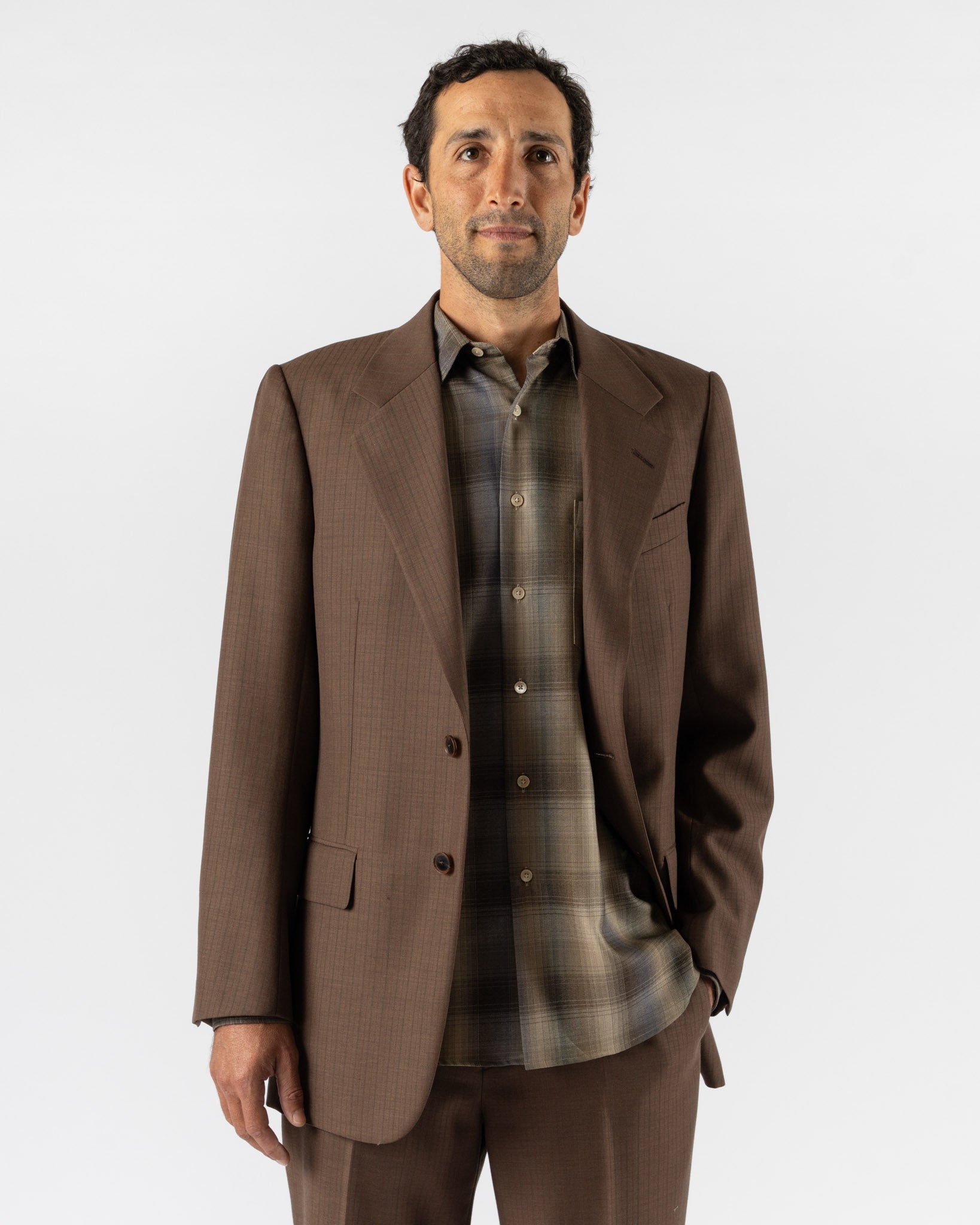 Auralee Bluefaced Wool Jacket in Brown Red Stripe Curated at Jake