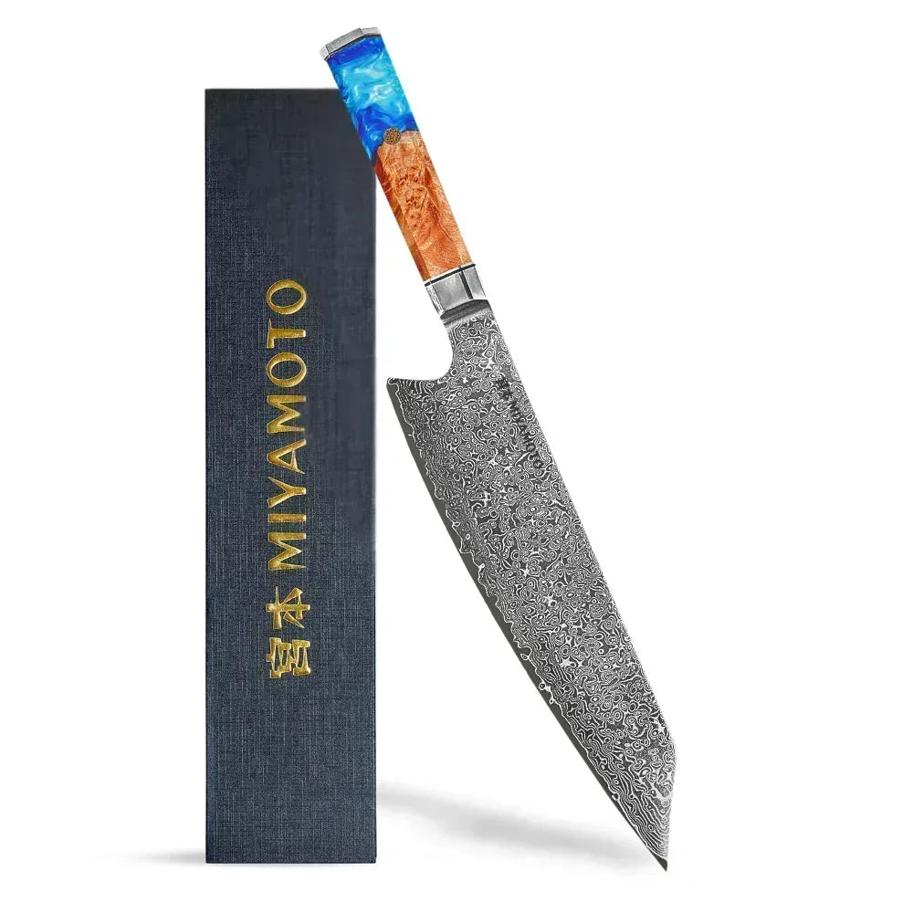 Miyamoto Damascus Kiritsuke Chef Knife with Blue Resin Handle