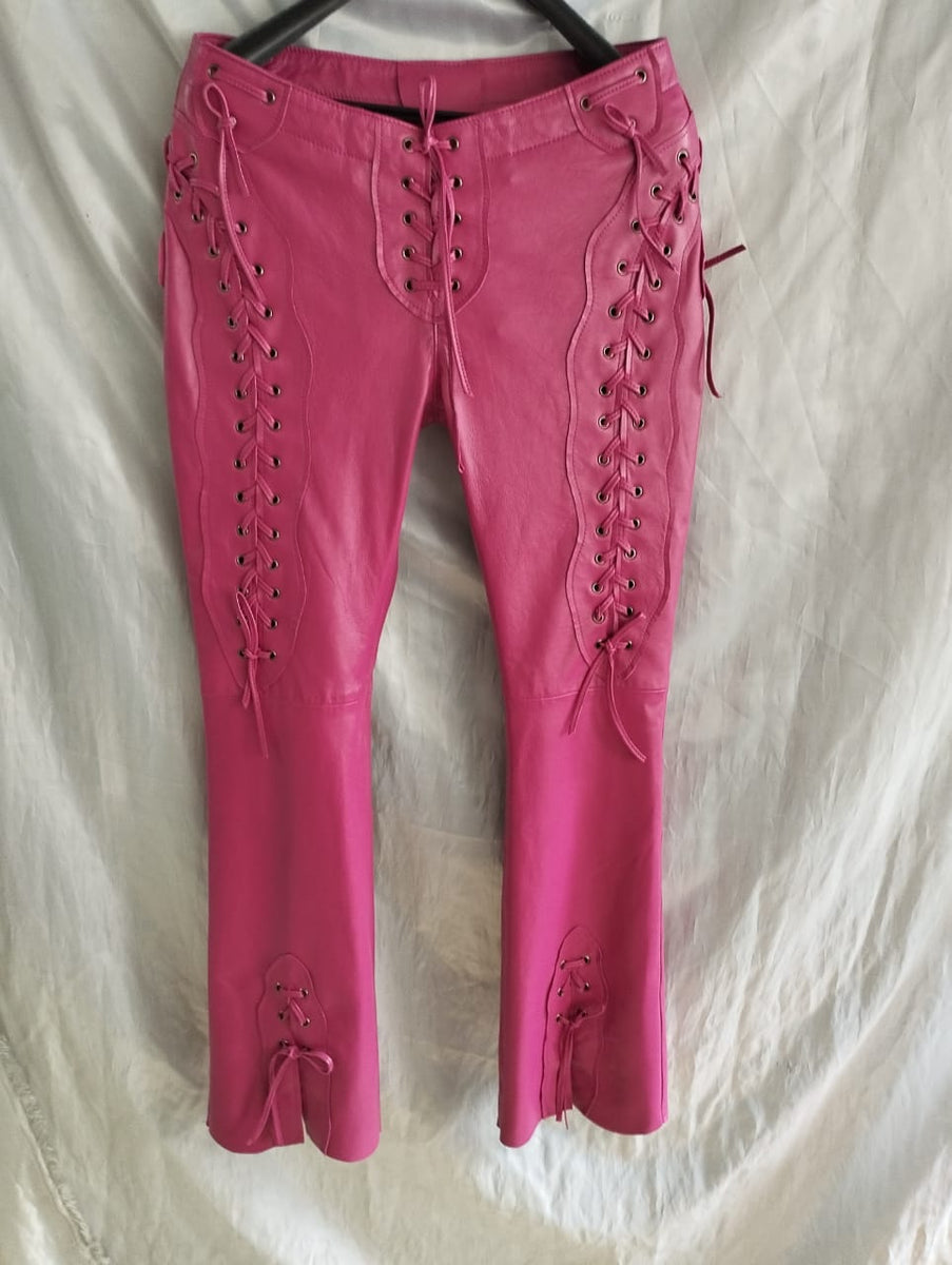 Women's Laced Up Pink Leather Pants. 100% Real Soft Sheepskin