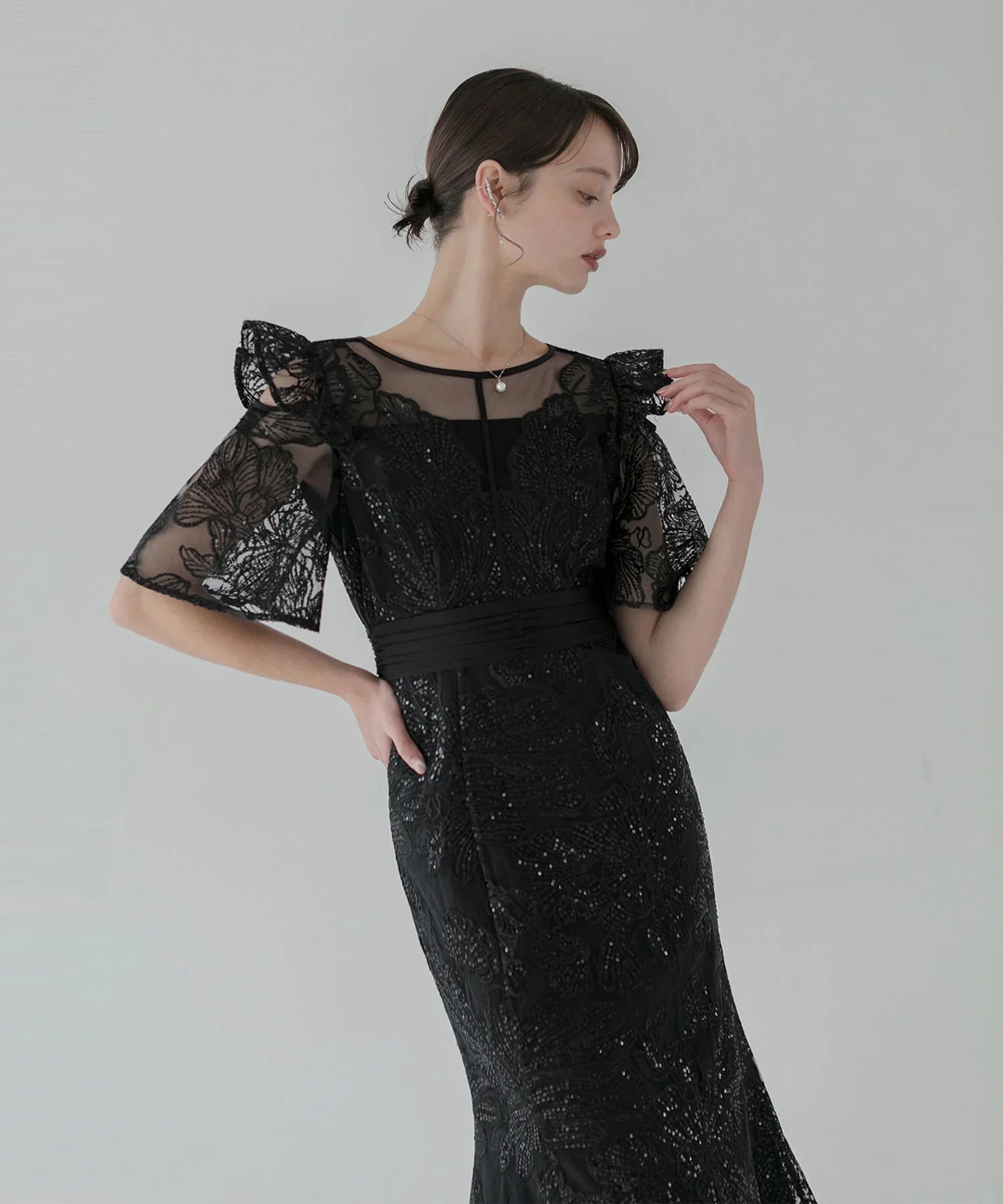 一部当日発送】フラワーレースシアーフリルマーメイドワンピース結婚式