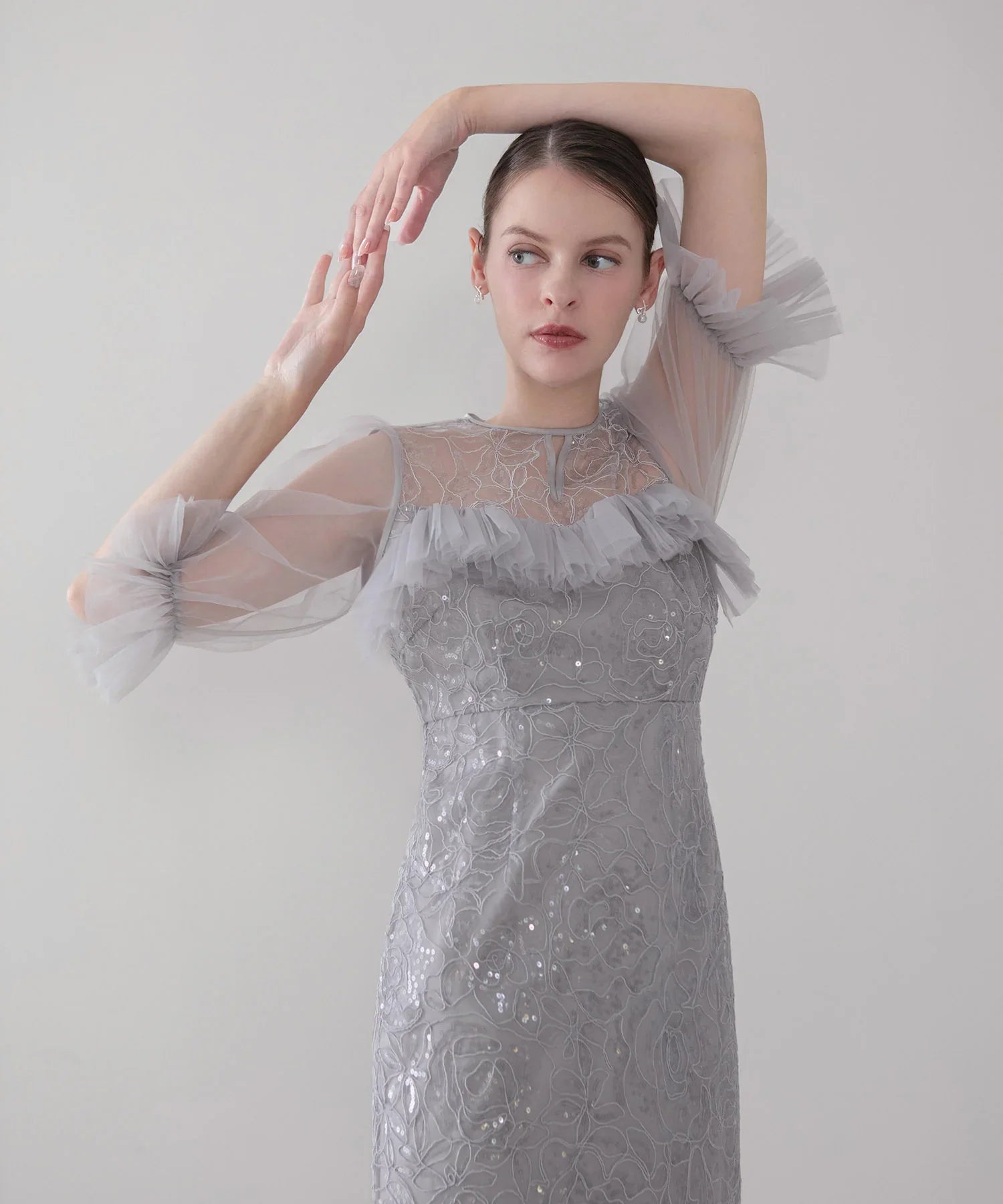 COMING SOON】チュールギャザーフラワースパンコールIラインワンピース