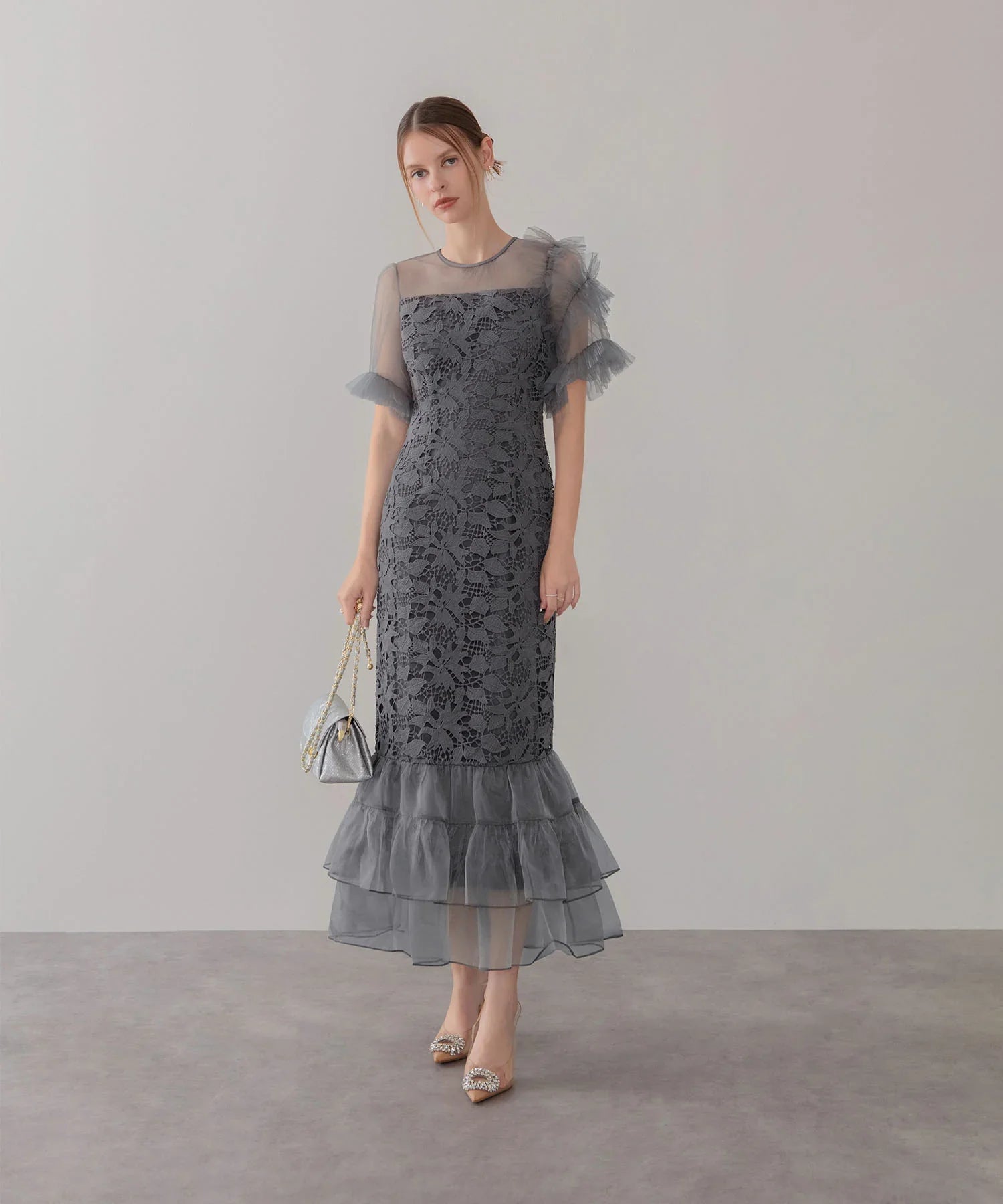 当日発送】アシンメトリーチュールスリーブレースフリルヘムIライン