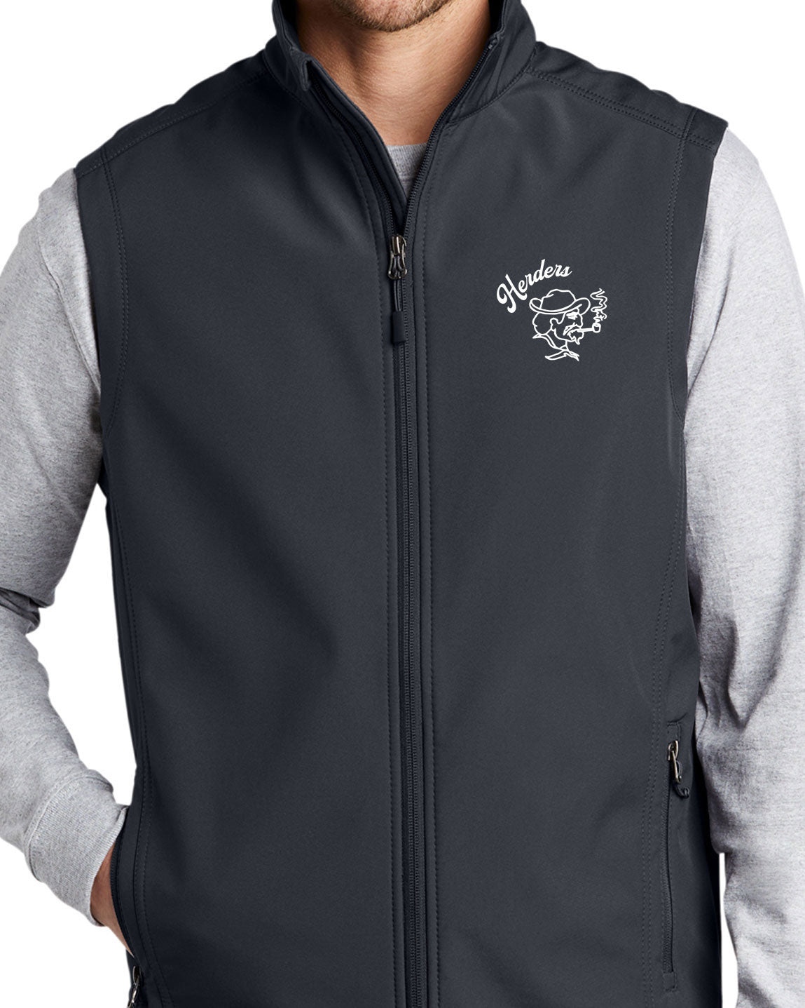 Mens Battleship Grey Vest Cursive Herder Design 4 – Gusts of Big