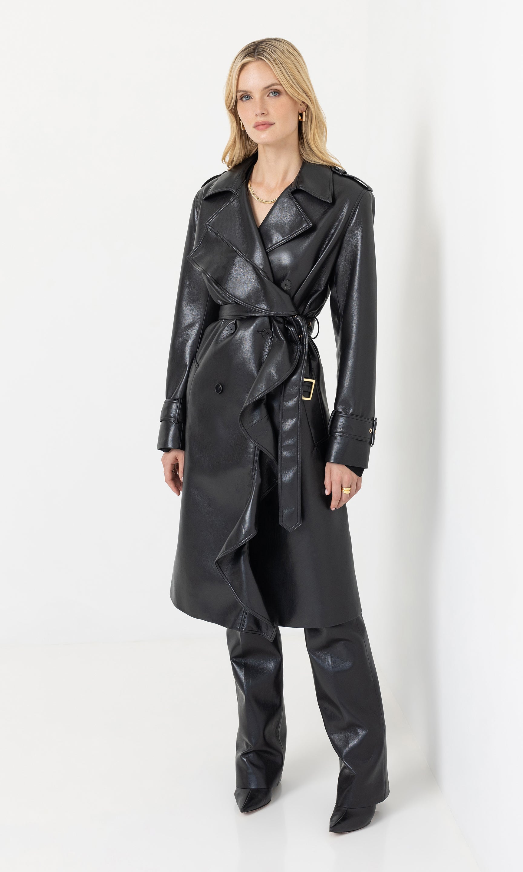 Hearst Vegan Leather Trench Coat | Black Ruffle Lapel Long Belted