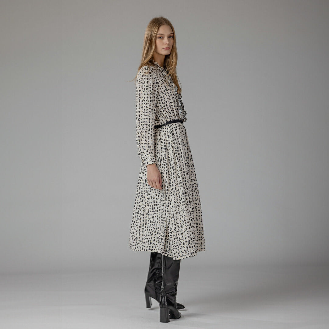 手洗い可】ジオメトリック 2WAY ベルト付き フリル ネック ワンピース