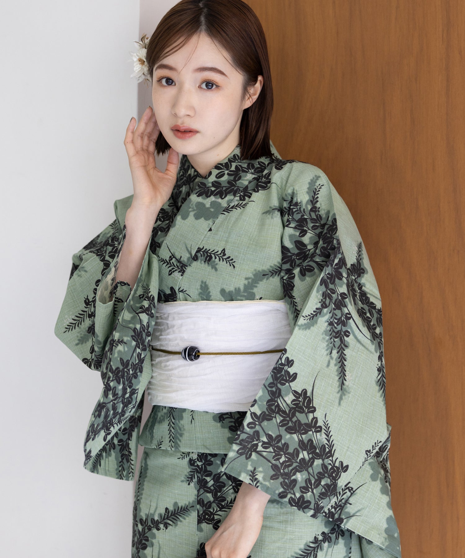 お任せ帯締め+お任せ帯は赤系半幅帯つき◇◇最高級【綿麻浴衣】翡翠緑