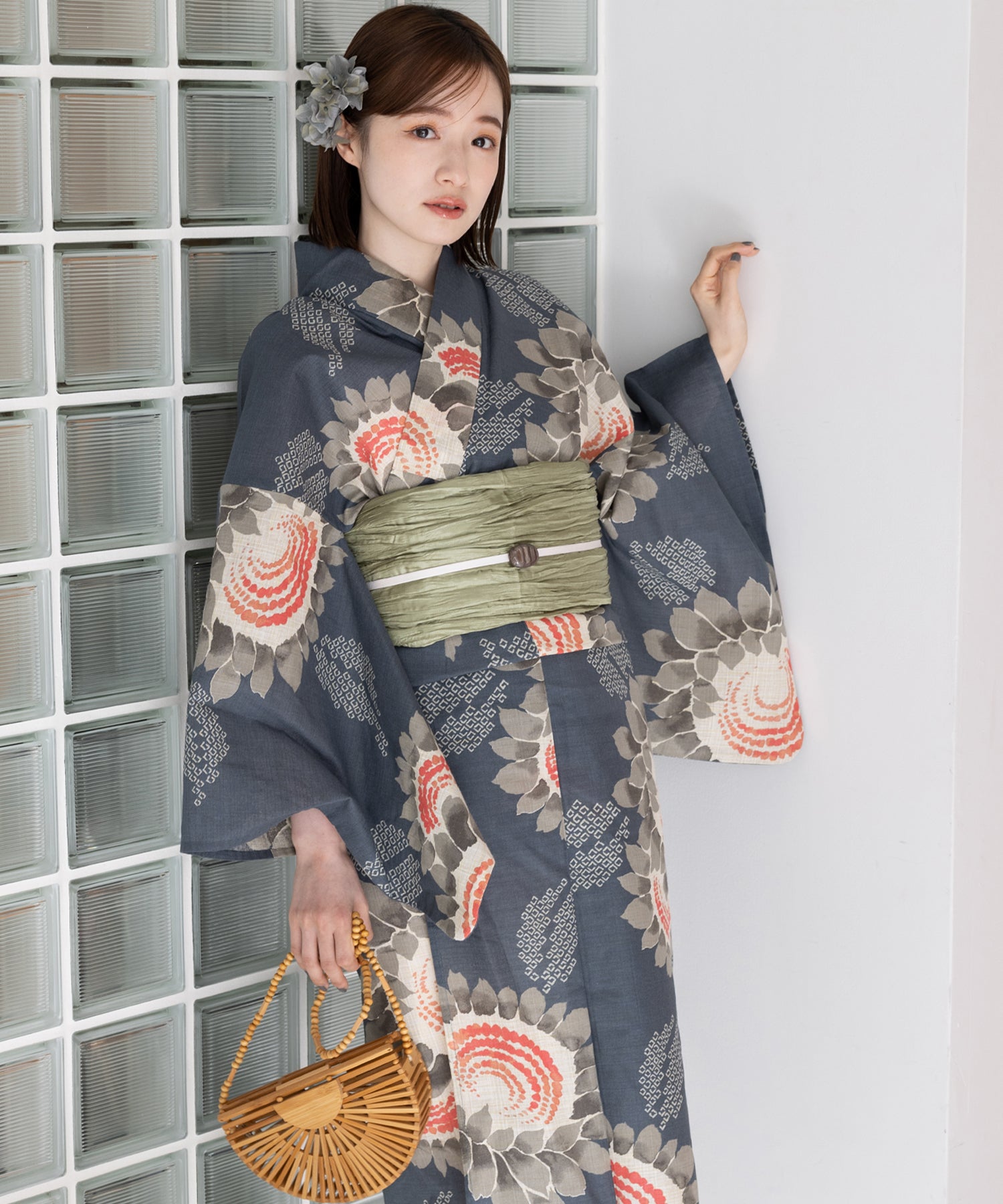 こだわり浴衣5点セット (浴衣/帯/下駄/腰紐/着付け冊子) 麻混 綿麻