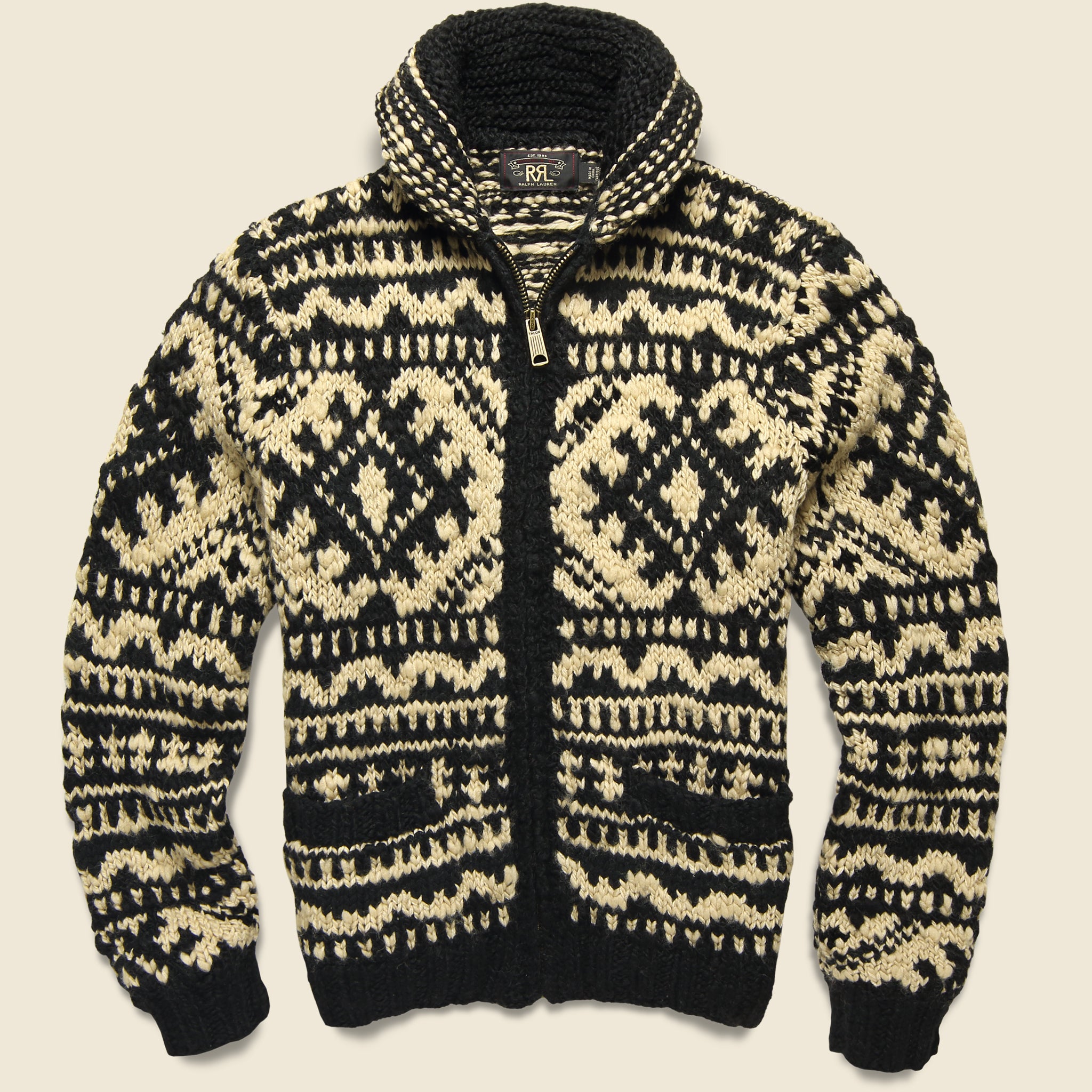 Hand-Knit Wool Full-Zip Sweater - Cream/Black