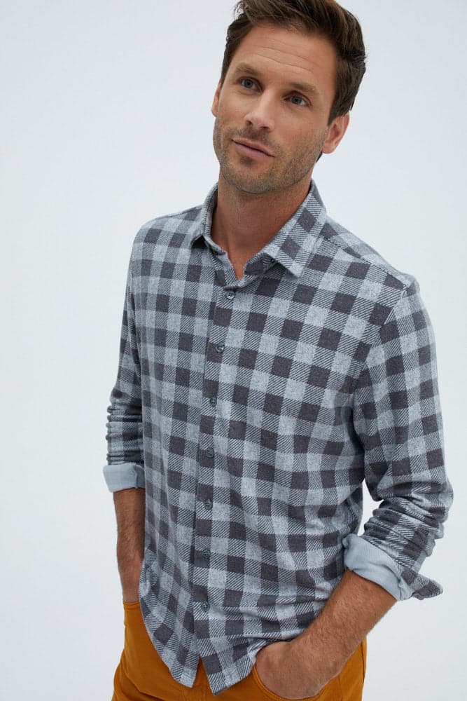 Grey Fleece Check Long Sleeve Shirt – Men's Cozy Performance Knit