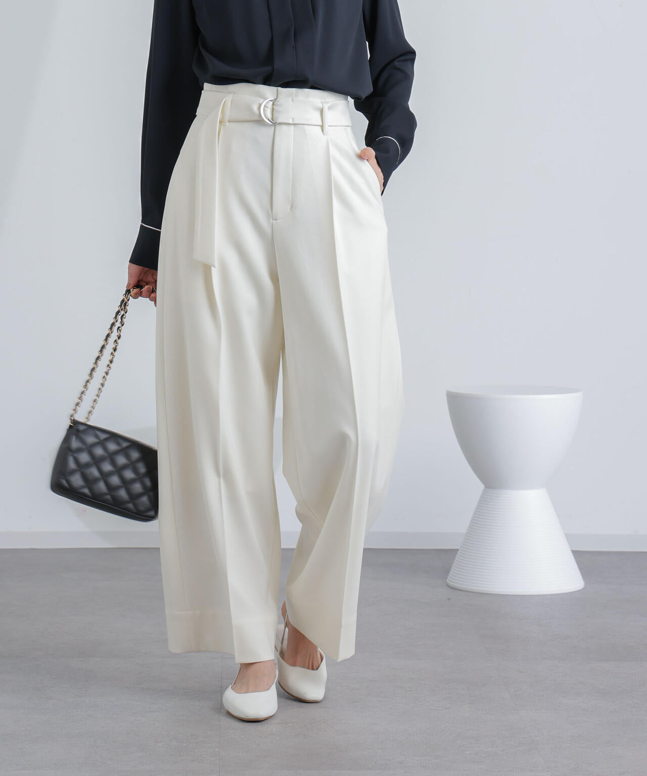 共ベルト 付き ハイウエスト パンツ