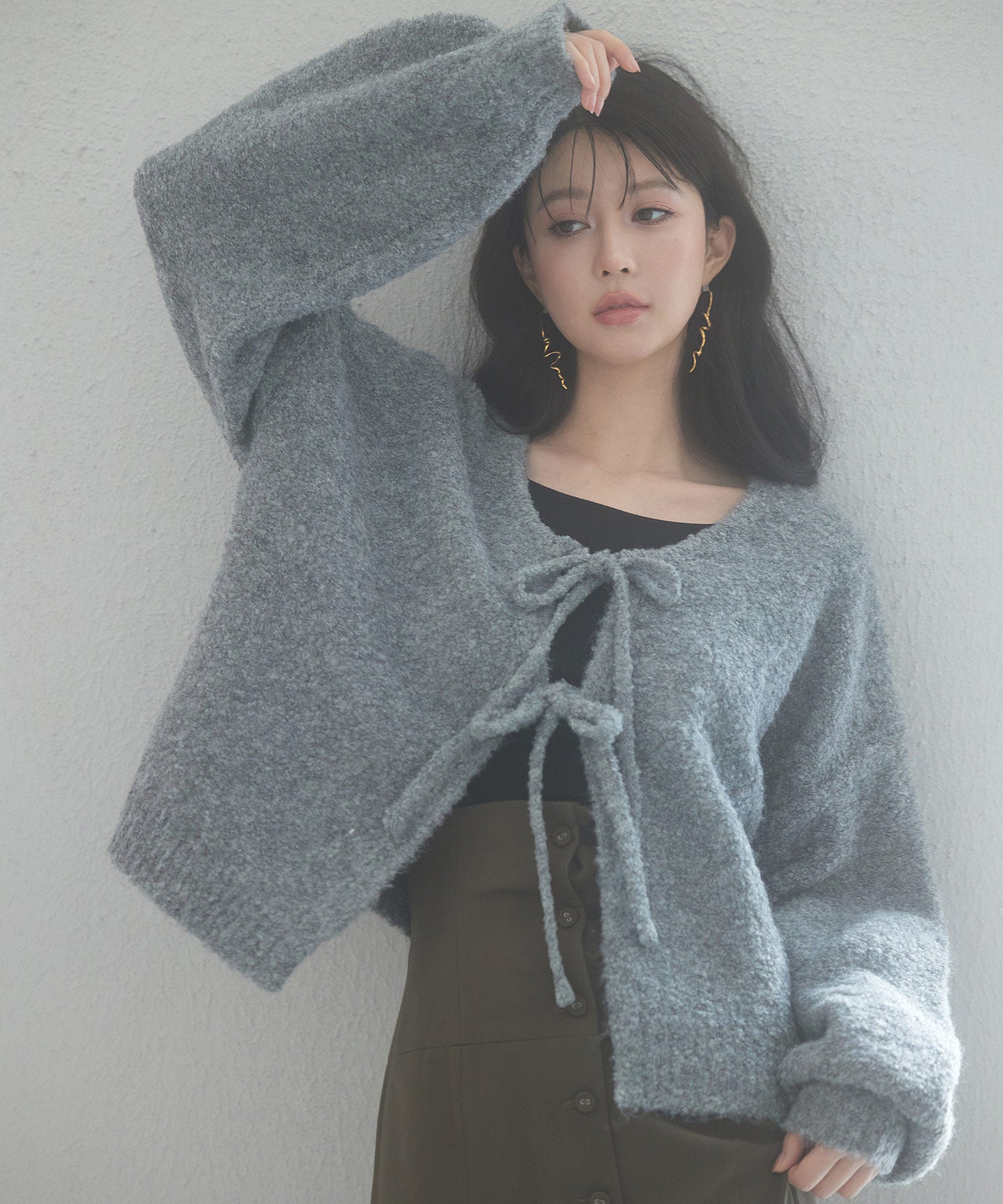 フロントリボンドロップショルダーニットカーディガンsdp8027 グレー