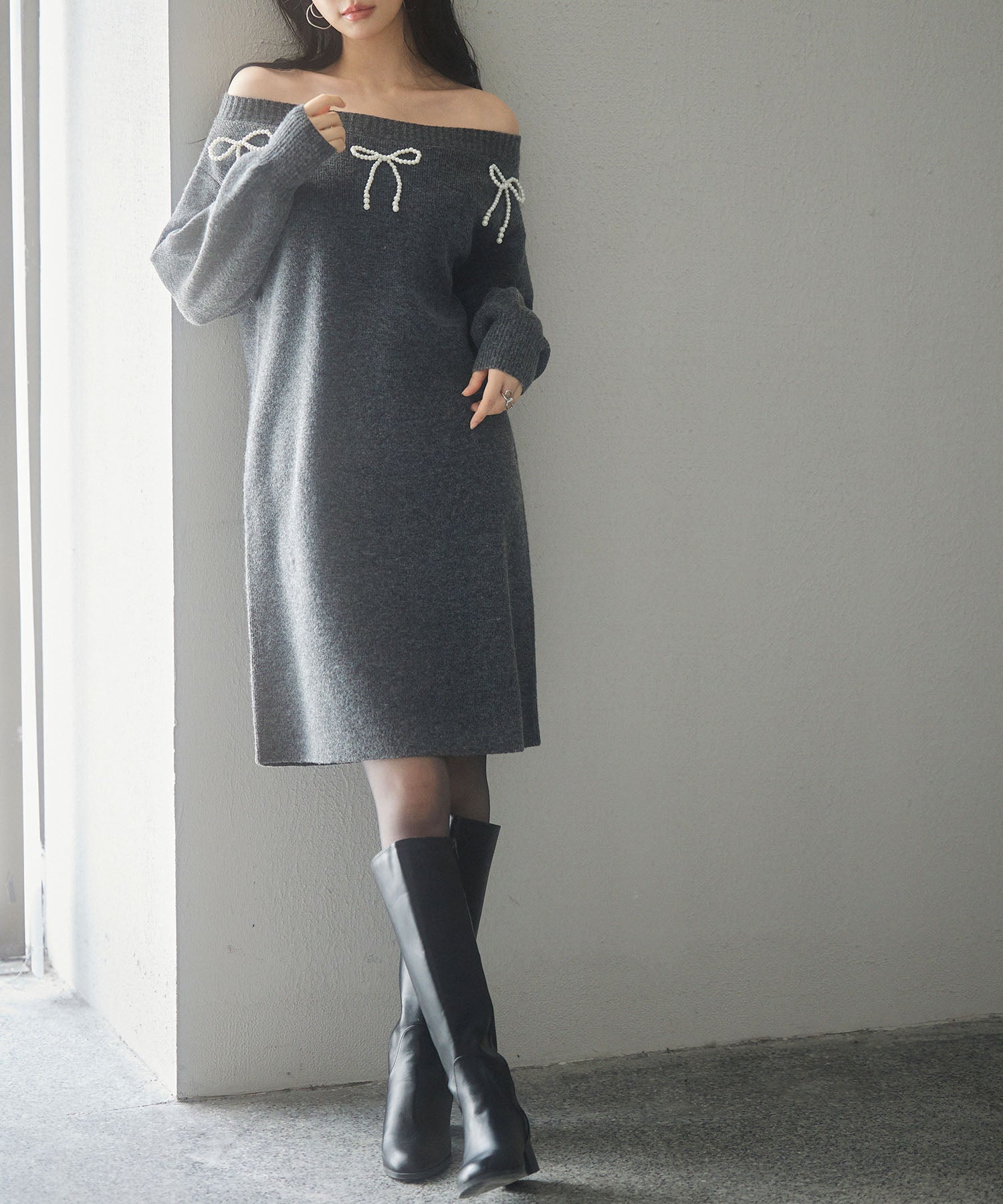 2wayネックパールリボンニットワンピースsdp8035 チャコール – [公式