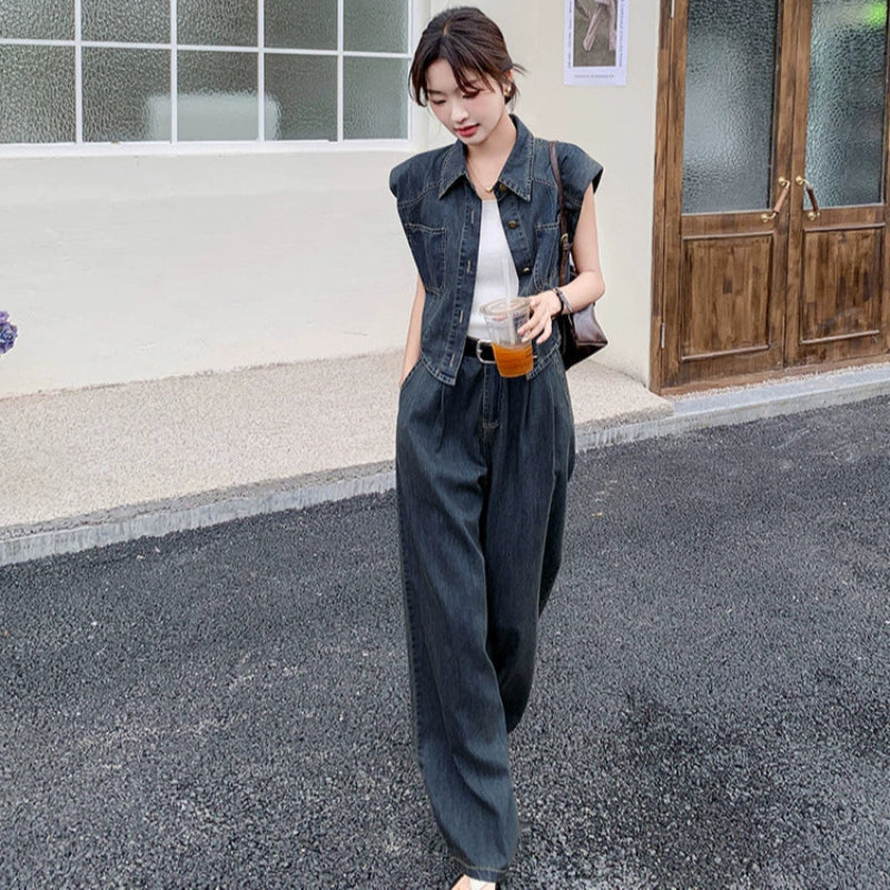 デニムベスト×ワイドレッグパンツセットアップ（青）春/夏/秋 クールな