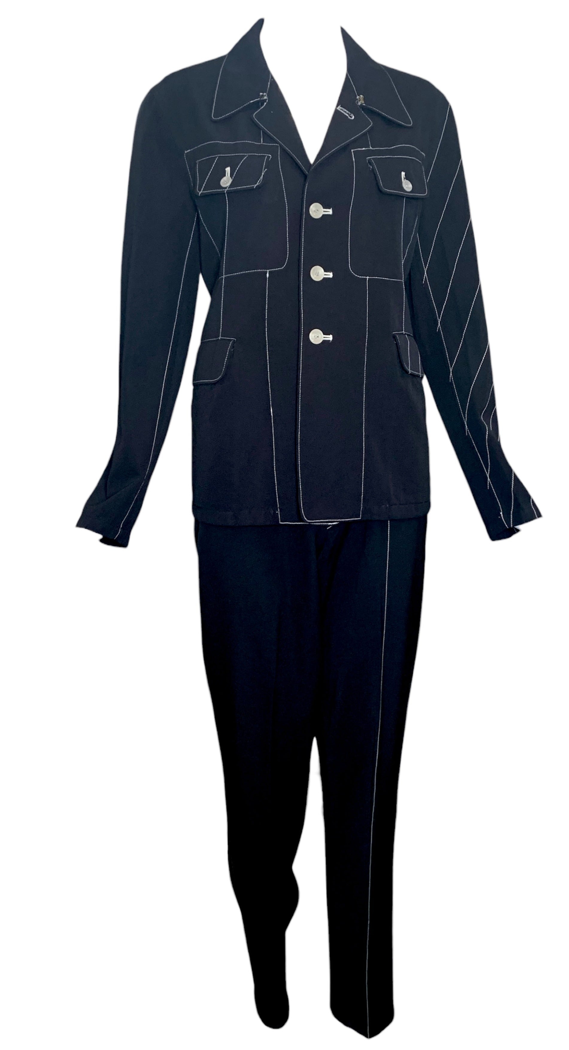 Yohji Yamamoto 90s Black Pant Suit Ensemble with White Contrast