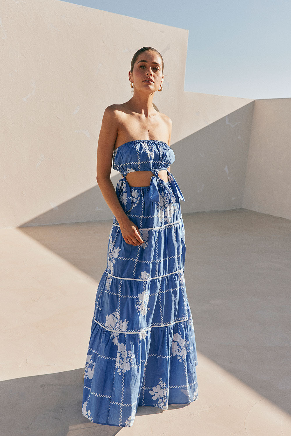 Lili Strapless Cutout Tie Maxi Dress - Postcard, Blue & White
