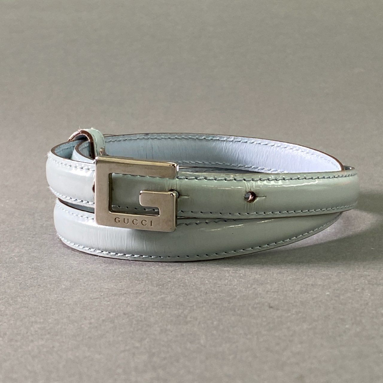 a17 GUCCI グッチ Gバックル レザーベルト 細ベルト 75 30 ブルー