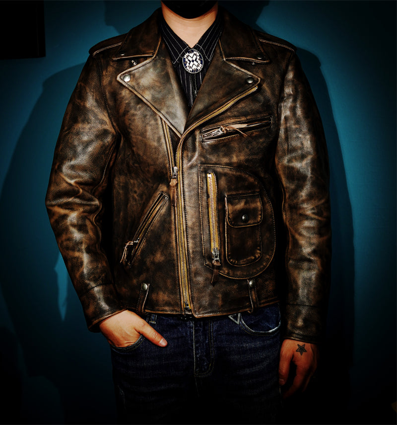 ◇50's復刻 絶妙なヴィンテージ加工茶芯カウハイドレザー ダブル