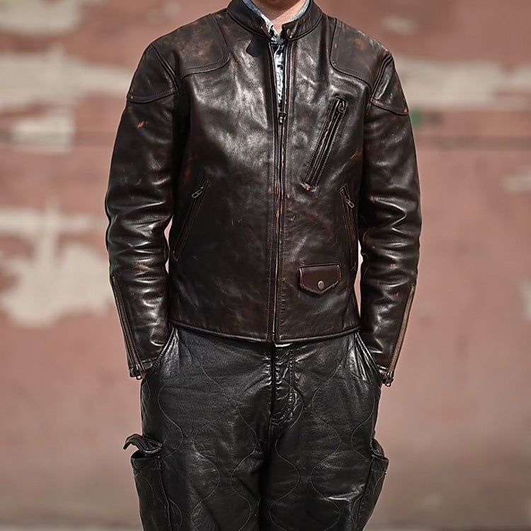 △植物タンニン鞣し茶芯ホースハイドレザー シングルライダース