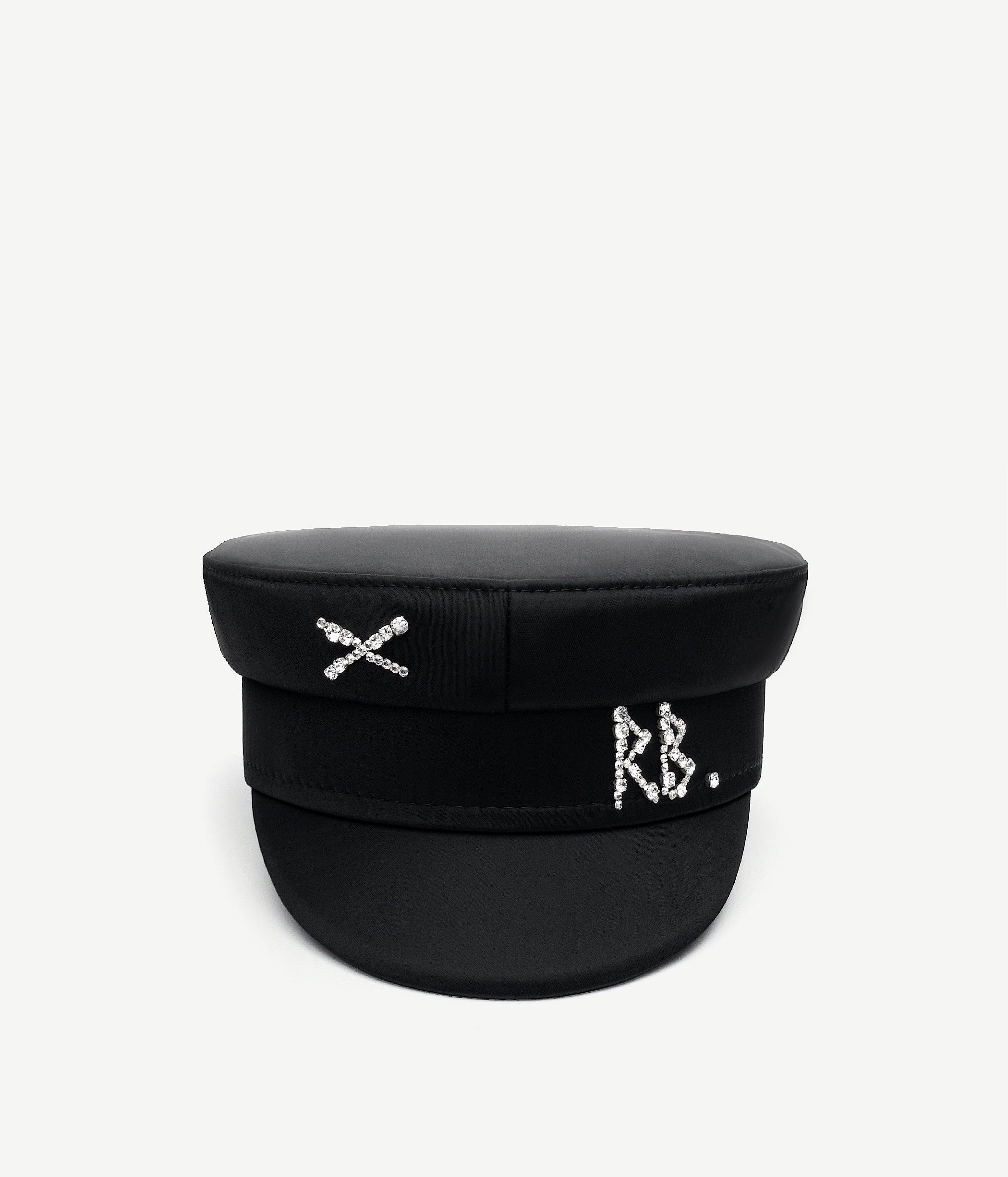 Crystal-embellished Black Satin Baker Boy Cap • Ruslan Baginskiy
