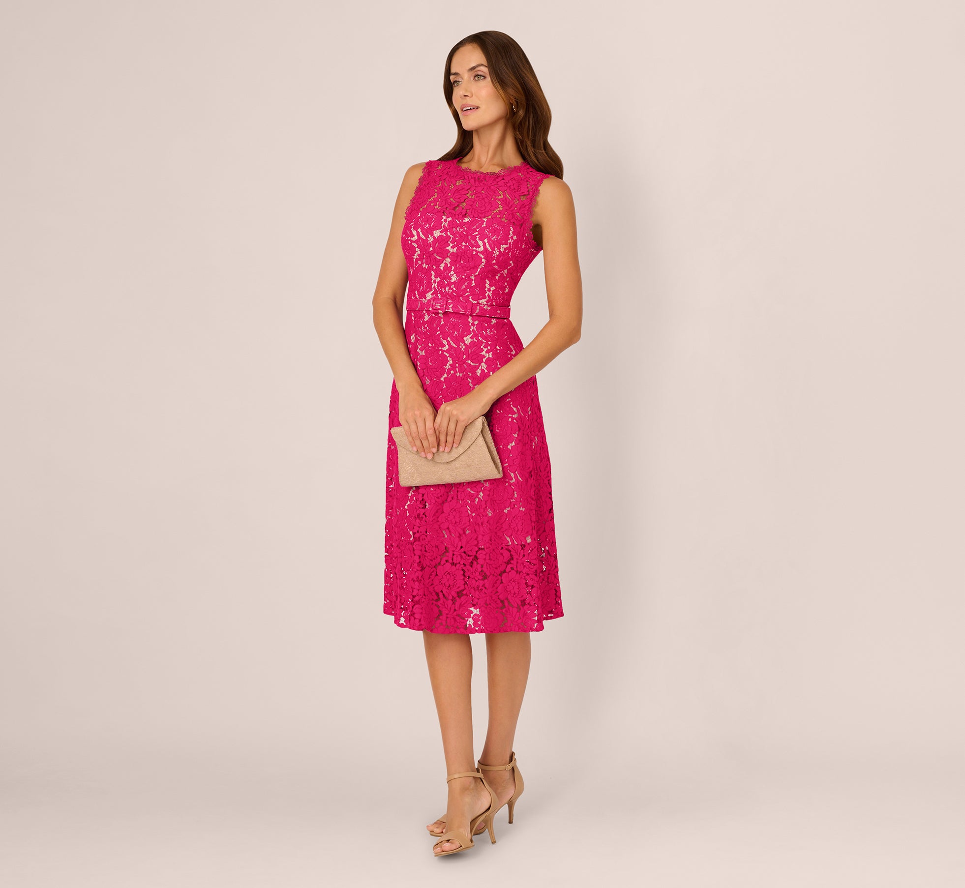 Sleeveless Lace Fit And Flare Dress With Sheer Details In Tropical