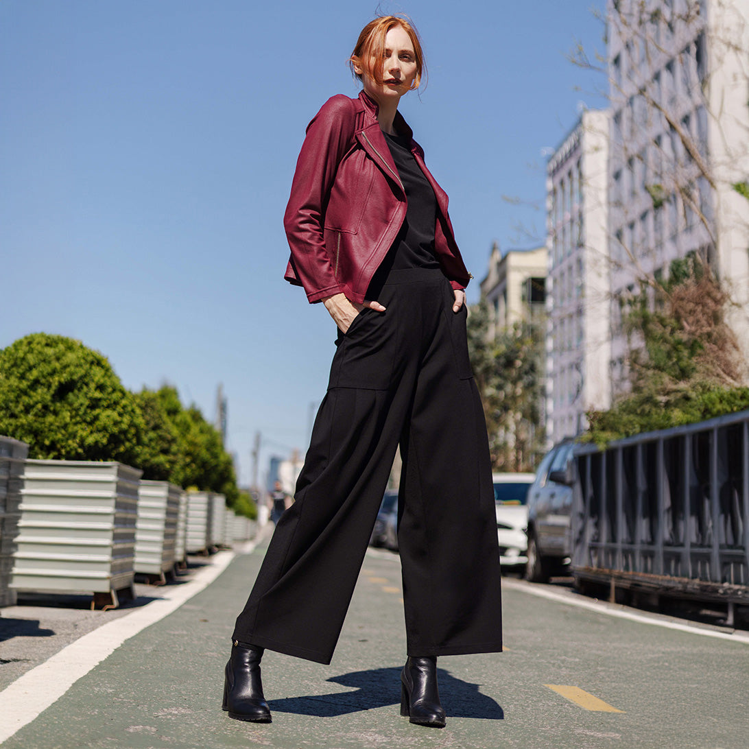 Rayon-Ponte Knit - Pleated Wide Leg Pocket Pant - Black – Clara Sunwoo