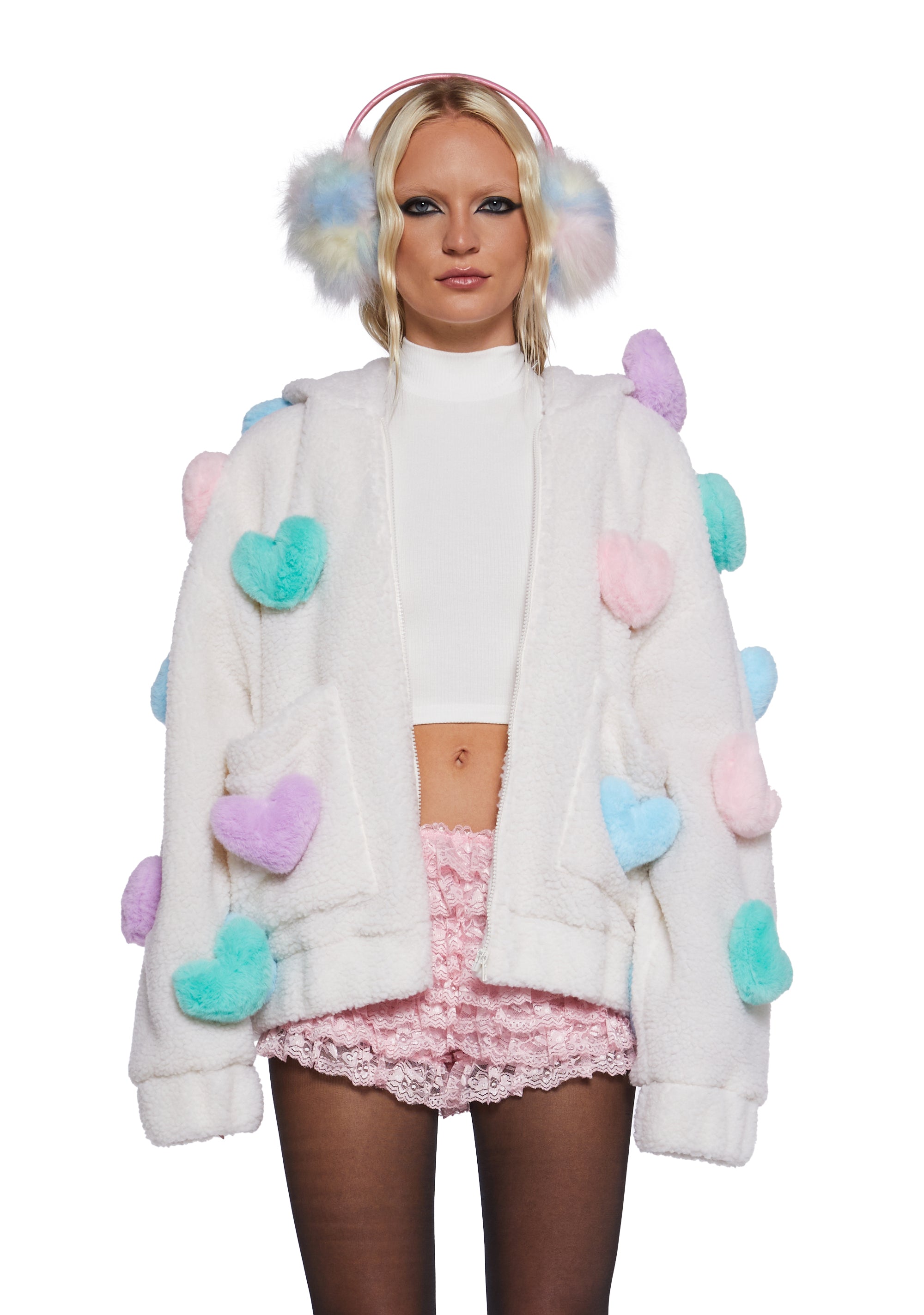 3D Hearts Faux Fur Hooded Sherpa Jacket Sugar Thrillz - Multi