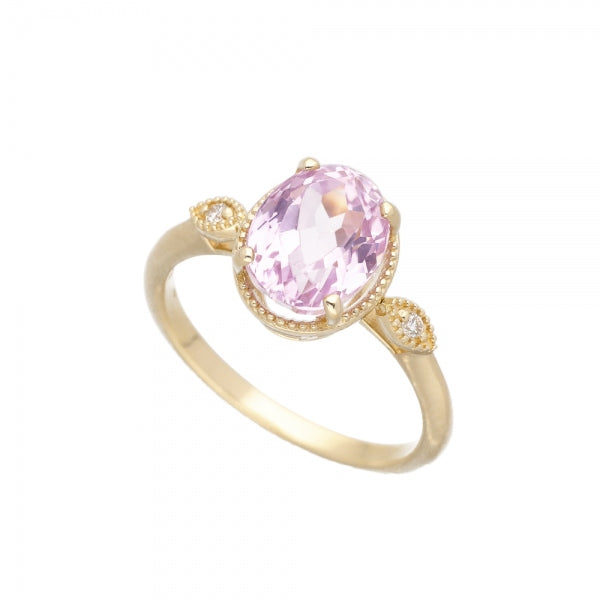 クンツァイト/ダイヤモンド K18リング(オーバル/ミル打ち/9月誕生石