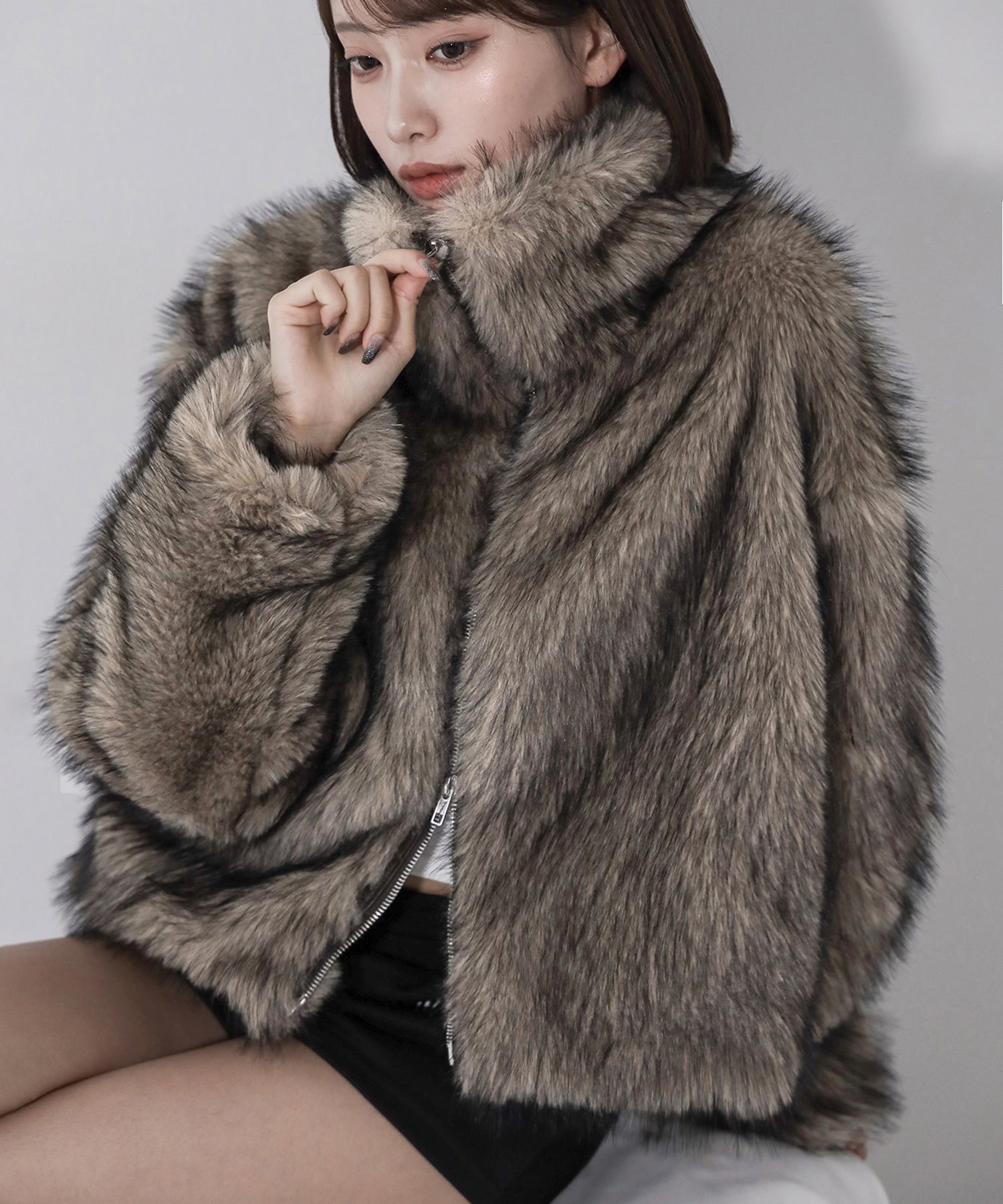 ダブルジップスタンドカラーミックスファージャケット ／ double zip