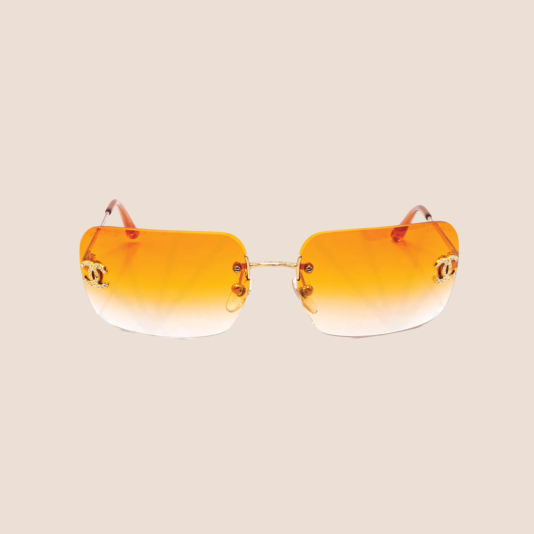 CHANEL 90s ORANGE CRYSTAL CC LOGO RIMLESS SUNGLASSES – RDB