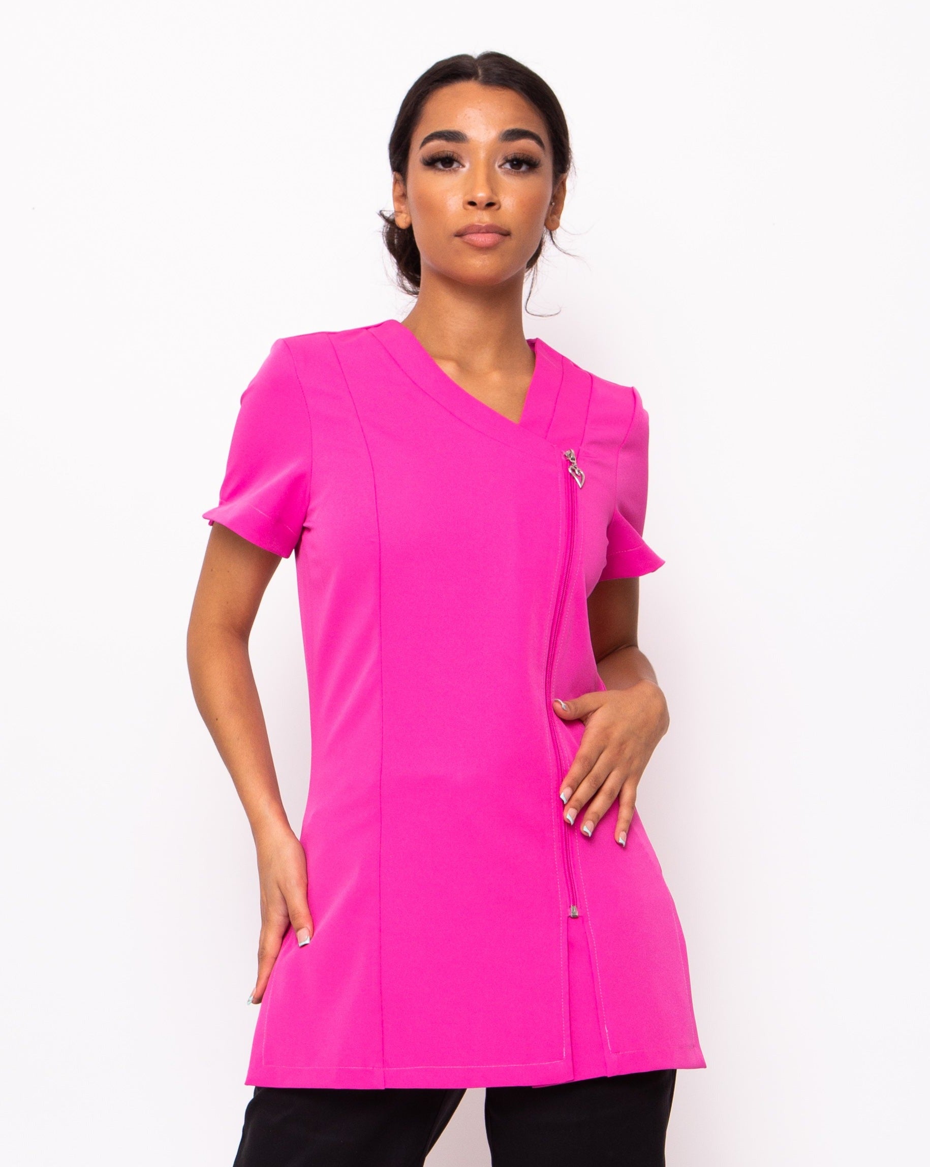 Belle Hot Pink Asymmetric Zip Front Beauty Tunic | Hot Pink Beauty