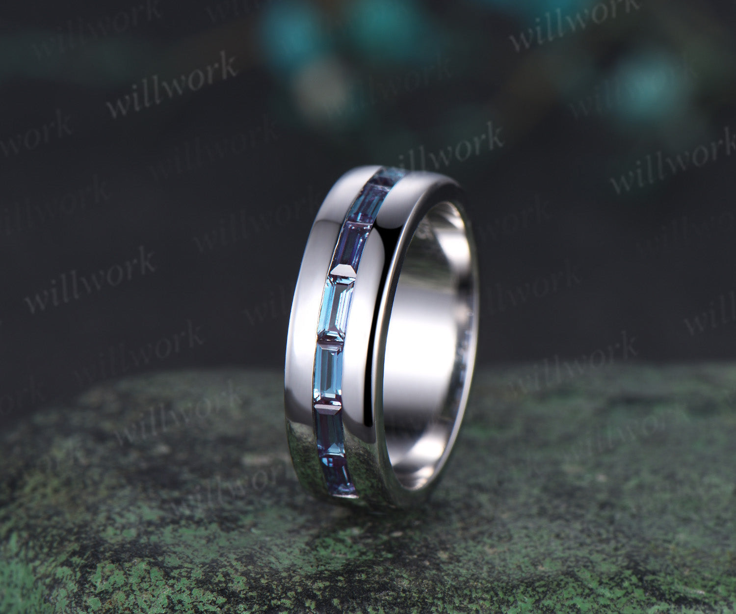 Baguette cut alexandrite wedding band men half eternity mens