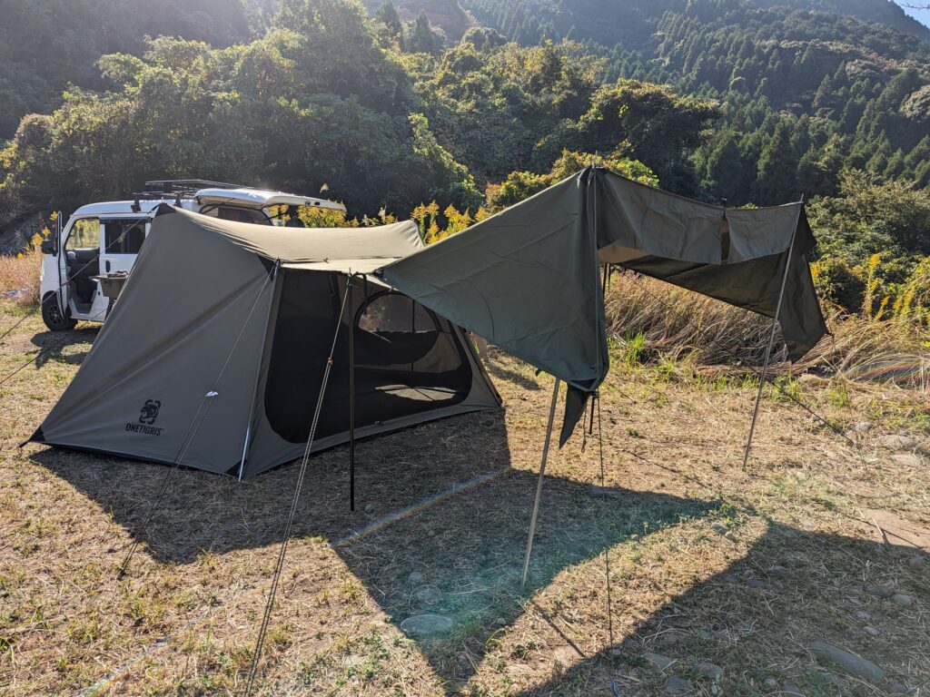 ソロホームステッドにロックシールド用の『テント前幕（焚火陣幕）』を