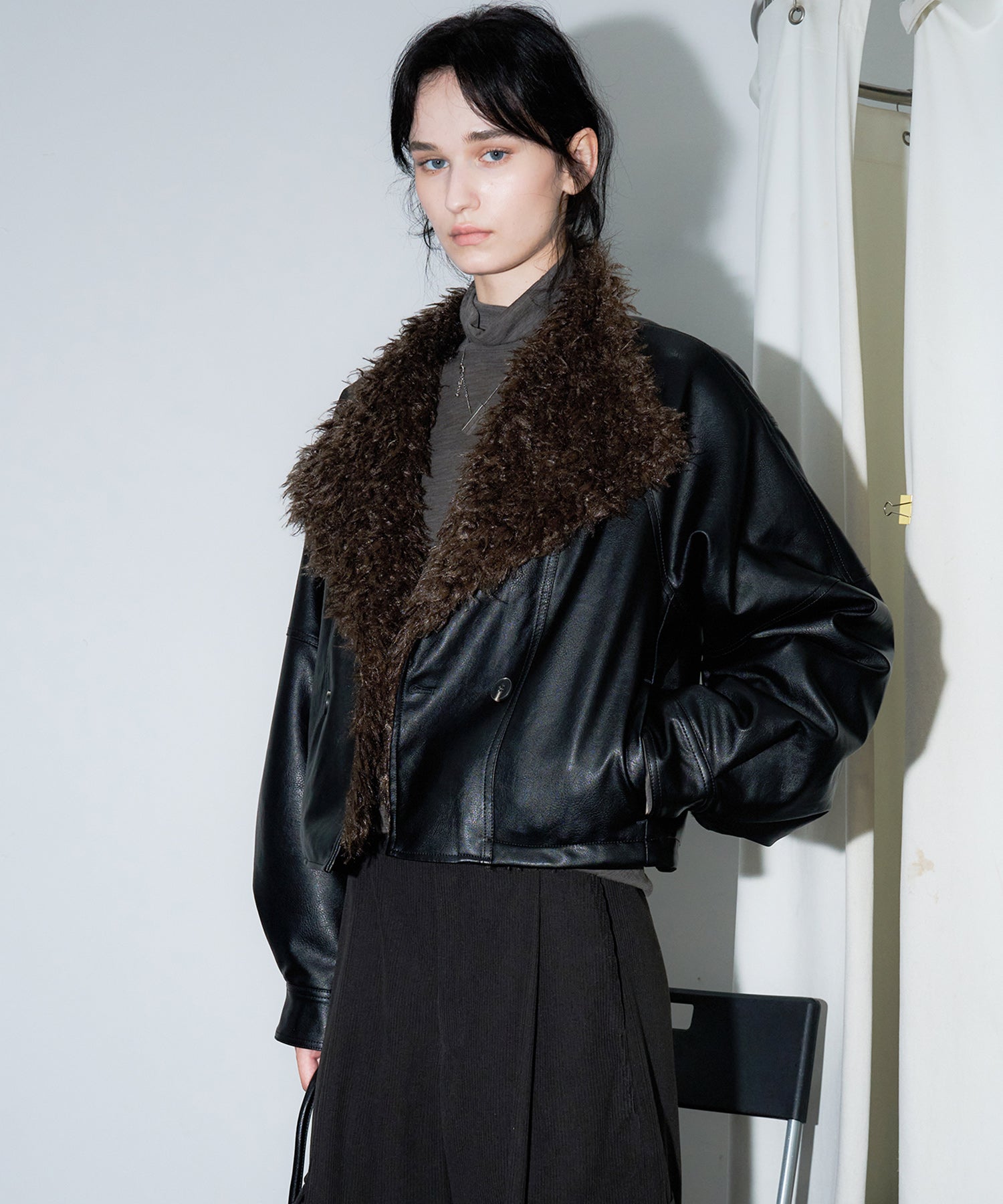 Faux Leather & Fleece Panel Short Jacket(フェイクレザー×ボア切替