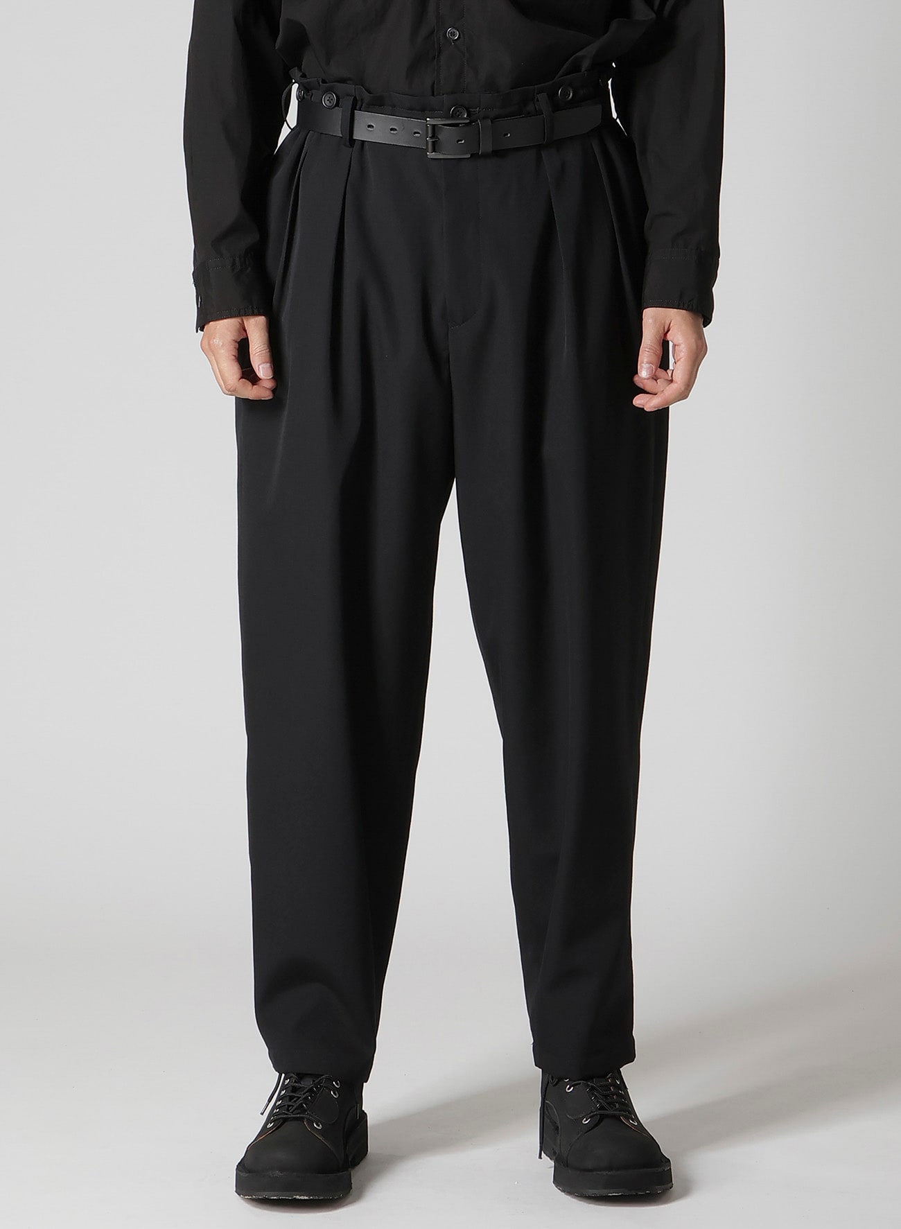 WOOL GABARDINE 2 TUCKS SUSPENDER PANTS(S Black): Yohji Yamamoto