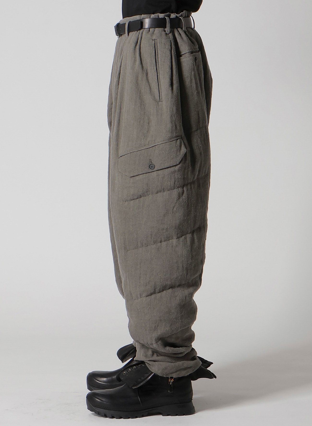 SILK LINEN DIAGONAL FLAP PADDED PANTS(S Grey): Yohji Yamamoto POUR
