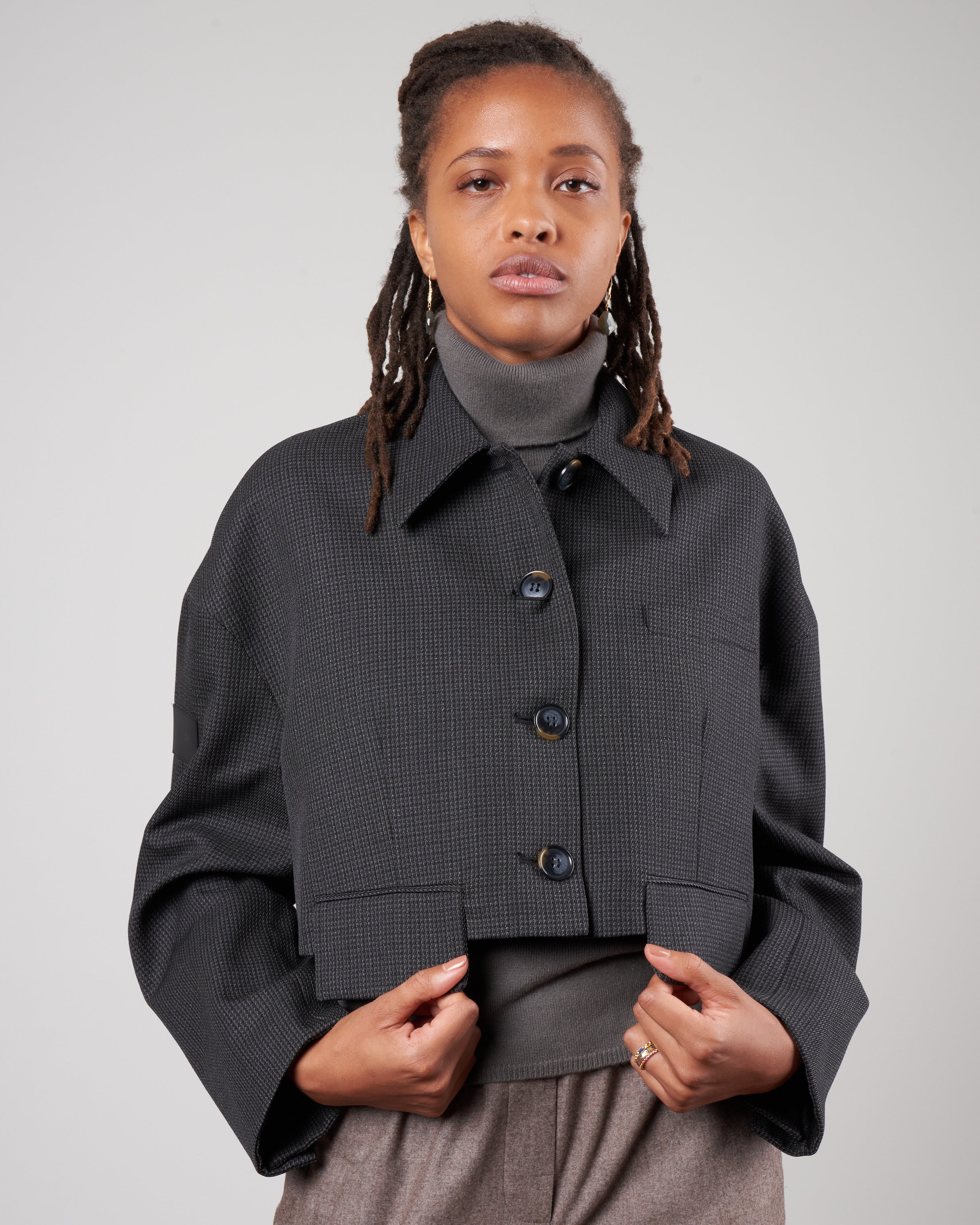 Tibi Arthur Check Oversized Cropped Jacket Grey Multi Greym