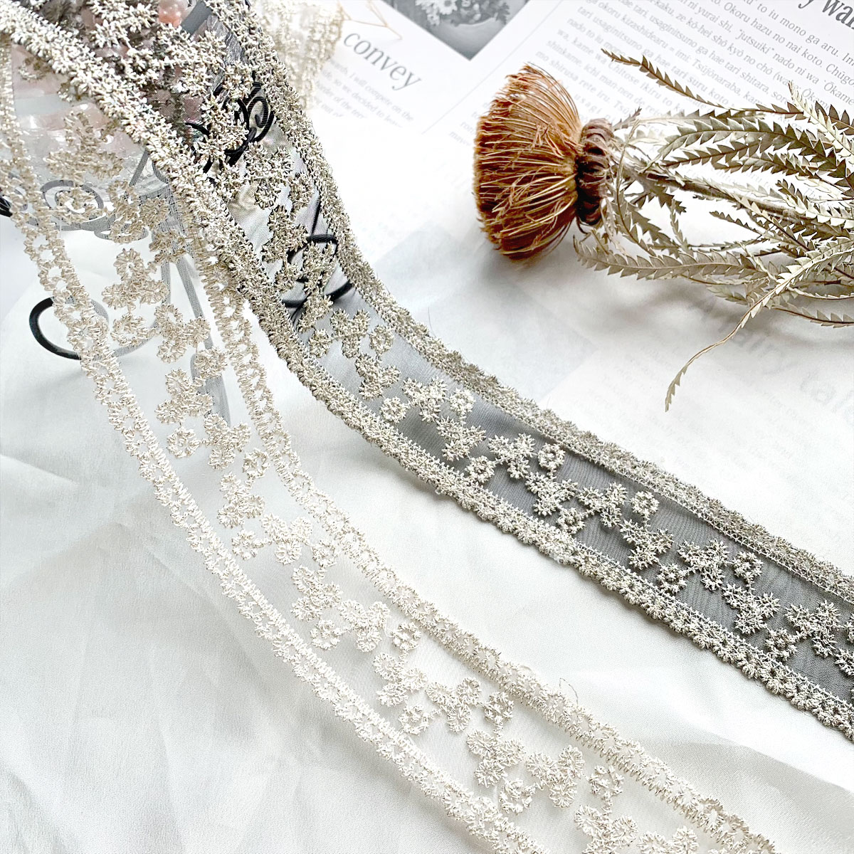 楽天市場】チュールにゴールドの小花刺繍レースリボン 幅40mm 1m単位