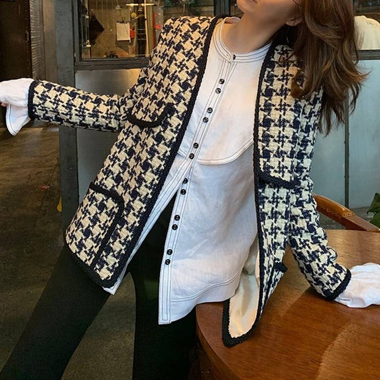 楽天市場】レディース ツイードチェックジャケット ノーカラー