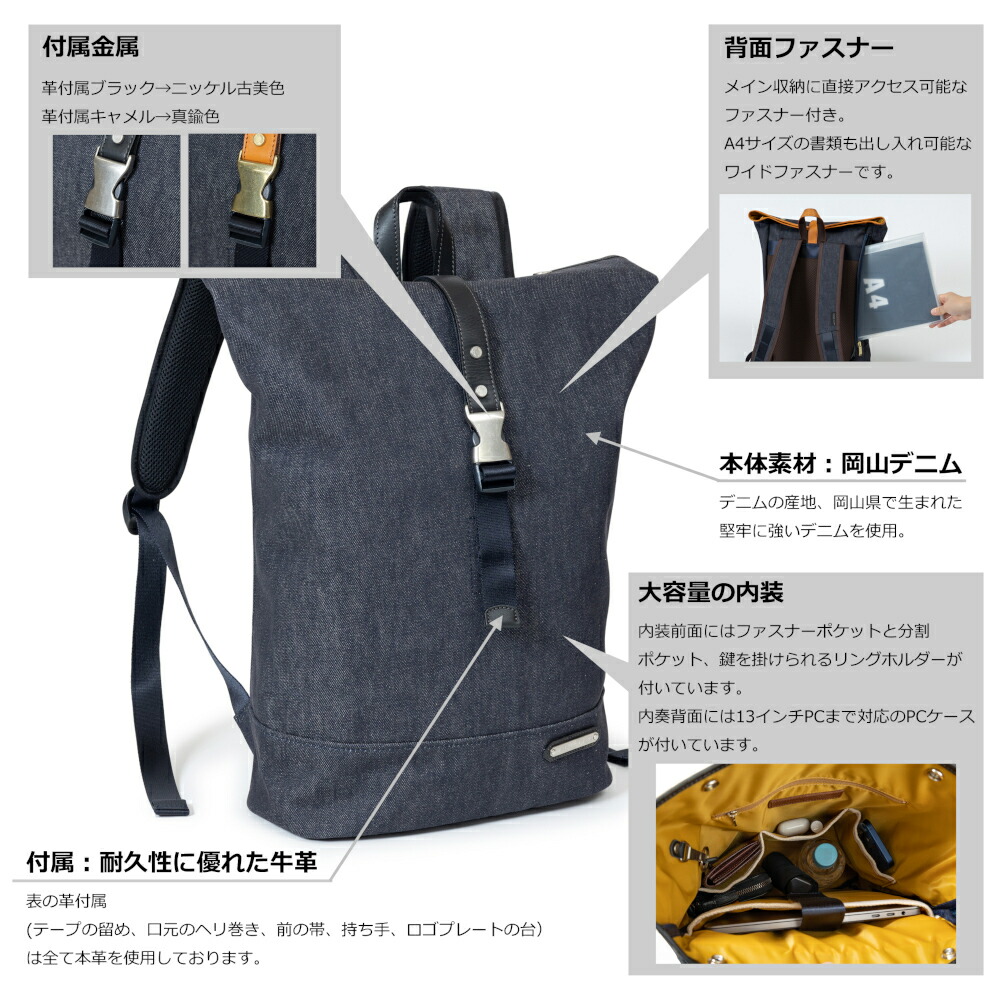 楽天市場】日本製 ロールトップバックパック リュックサック 鞄 デニム